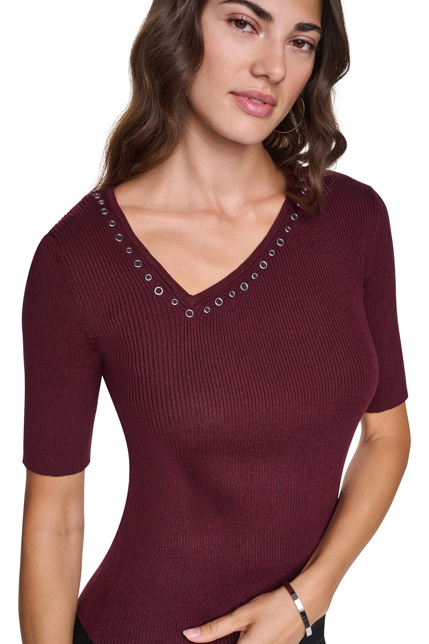 ASYMMETRIC NECK STUDDED SWEATER VIEW 1