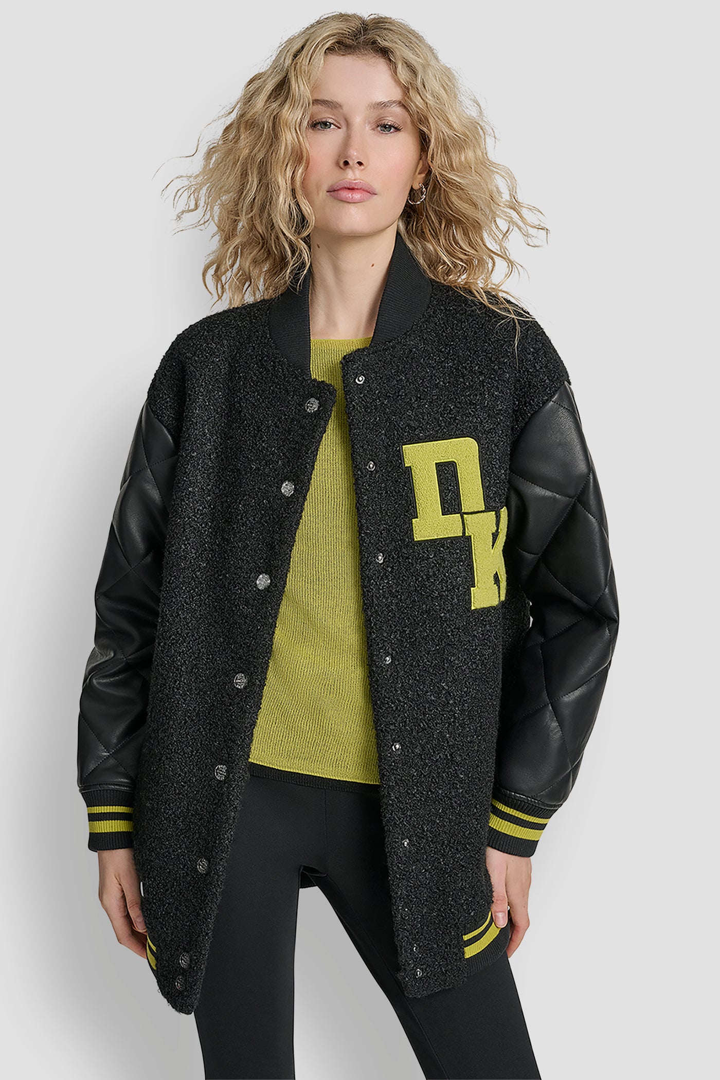 Black LONG SLEEVE TIGHT BOUCLE LOGO BUTTON FRONT JACKET, FRONT VIEW | Jackets & Trench Coats
