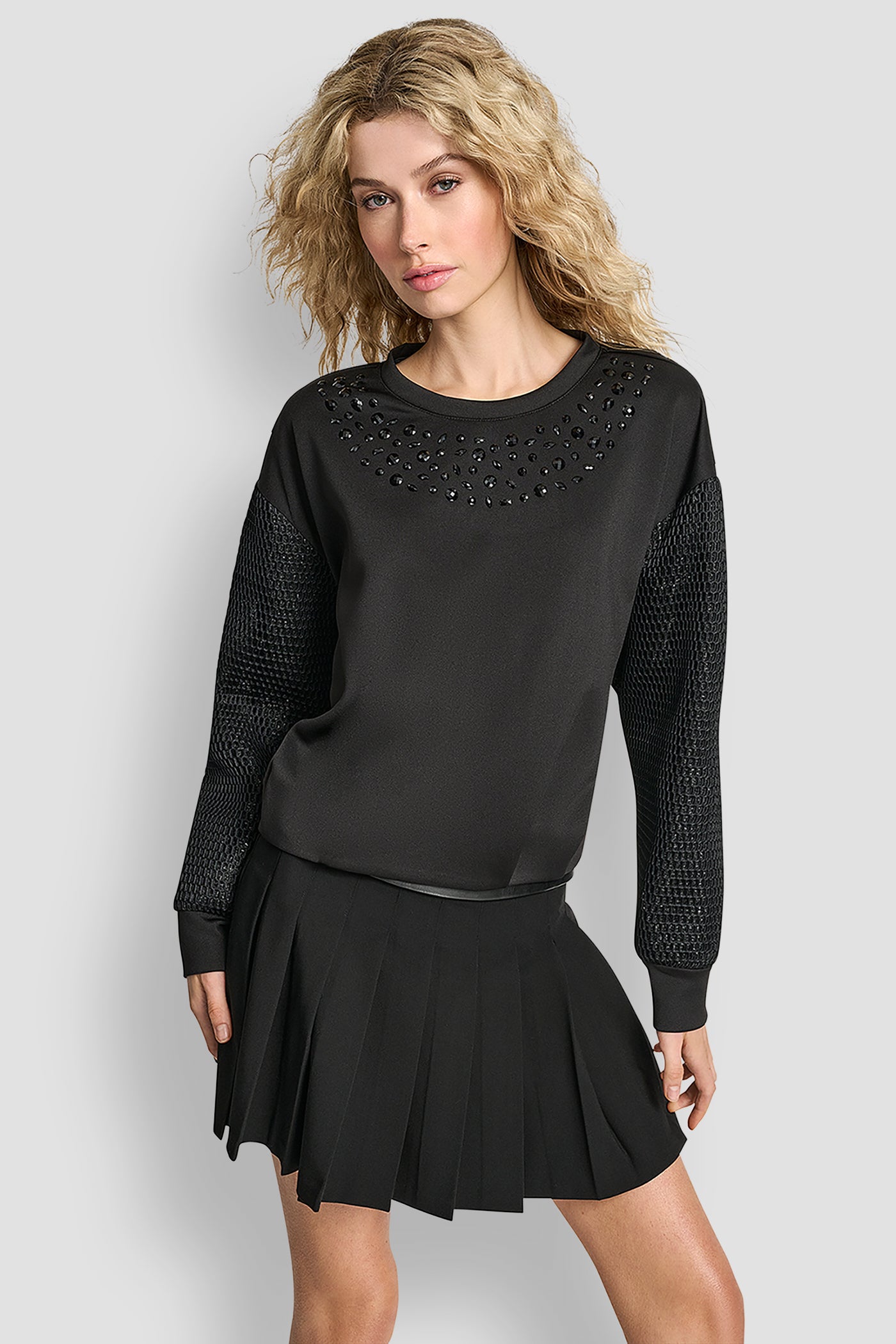 Black MIX MEDIA BUBBLE SWEATSHIRT, FRONT VIEW | WOMEN'S SWEATERS & TOPS