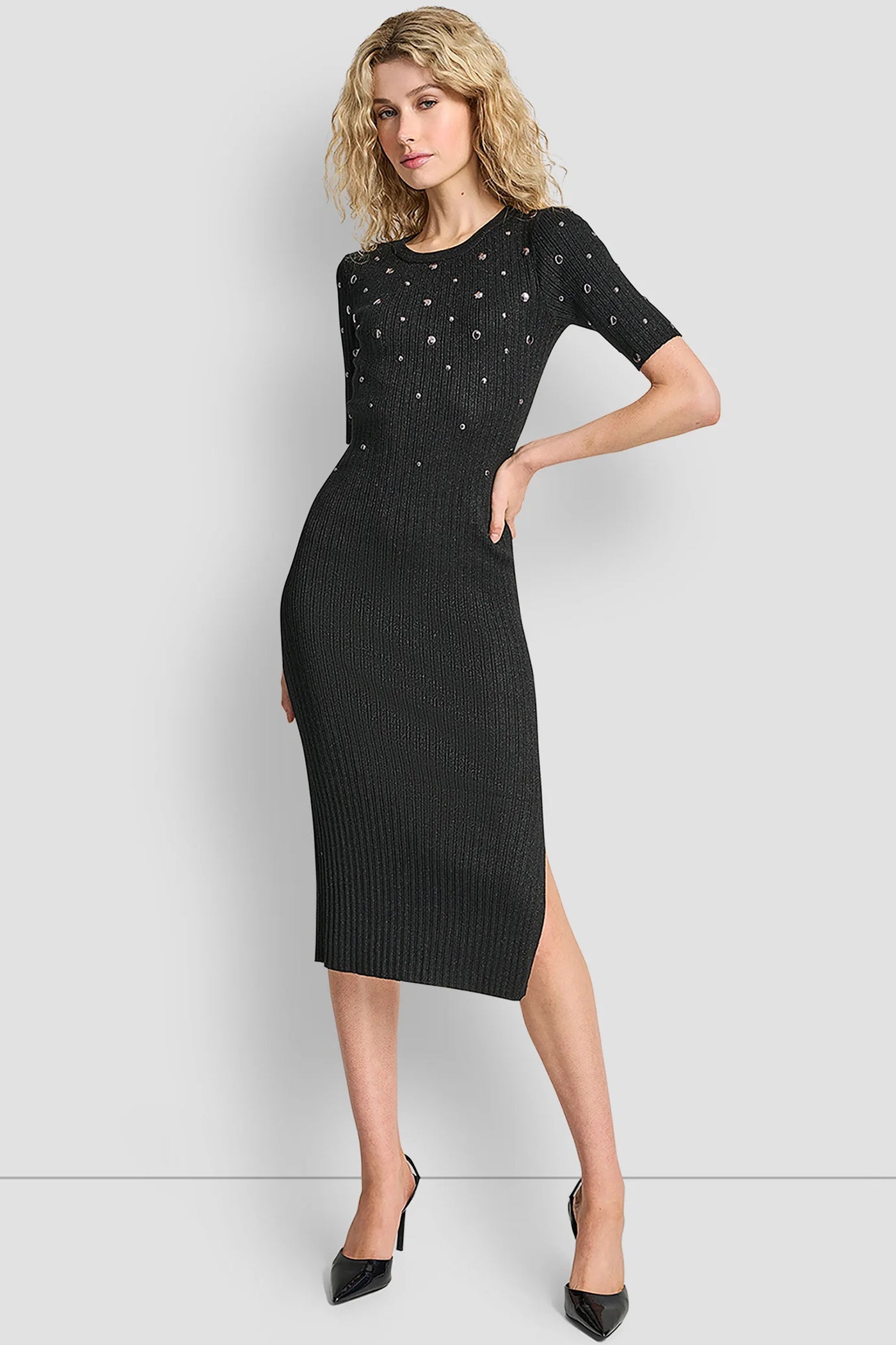 Black ALL OVER STUDDED SWEATSHIRT DRESS, VIEW 1 | Dresses & Jumpsuits