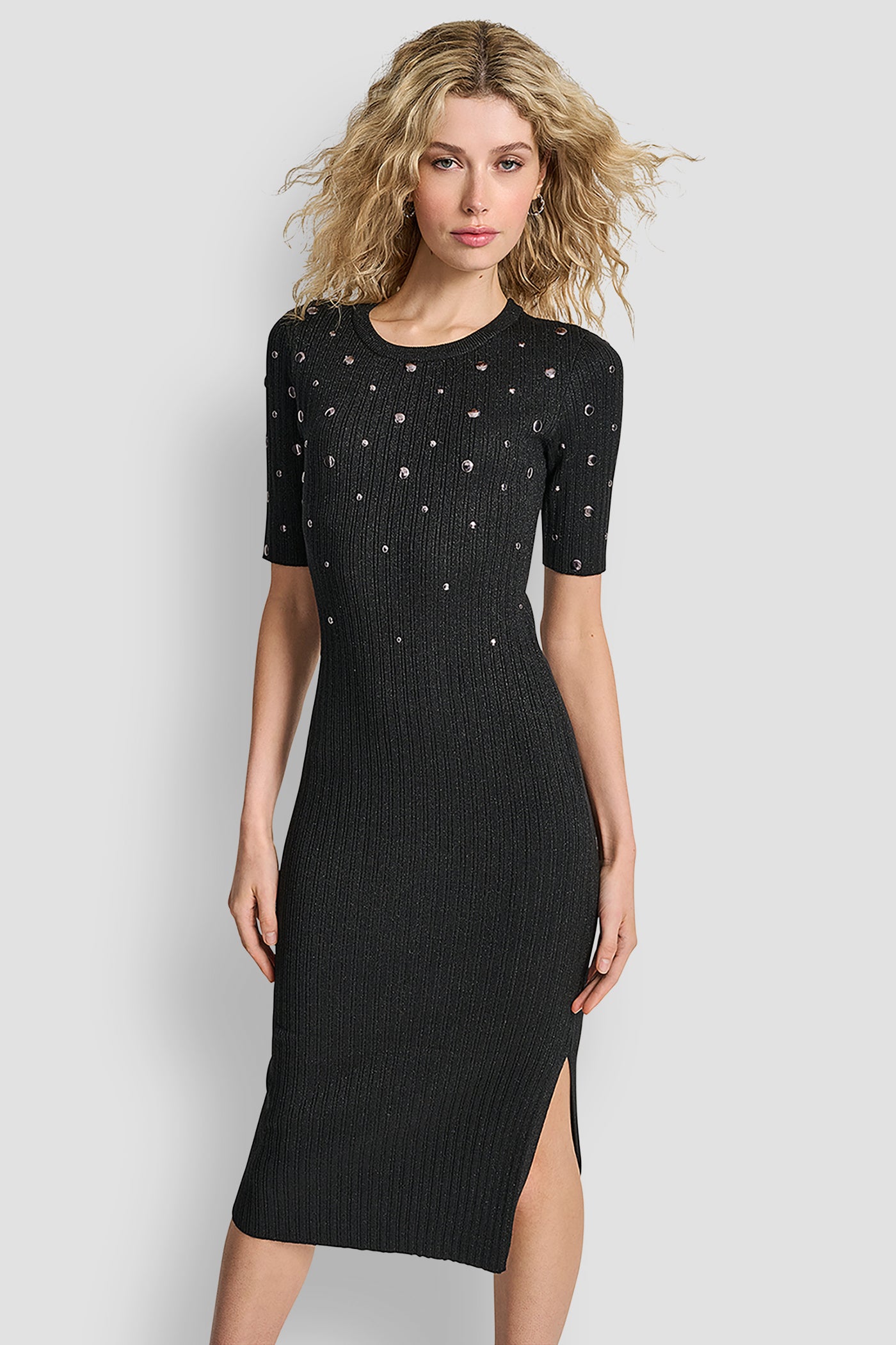 Black ALL OVER STUDDED SWEATSHIRT DRESS, FRONT VIEW | Dresses & Jumpsuits