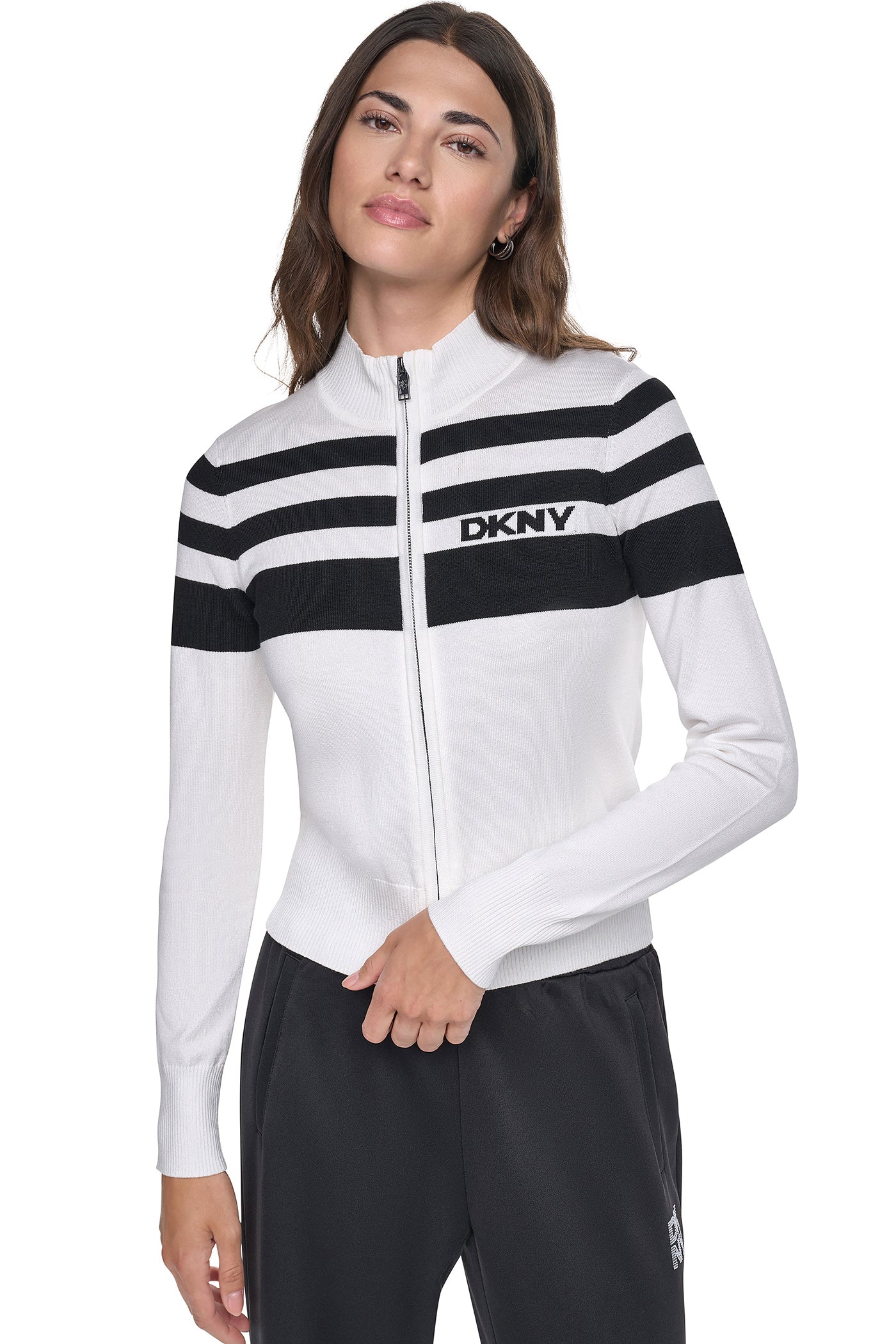 STRIPED MOCK NECK ZIP SWEATER VIEW 1