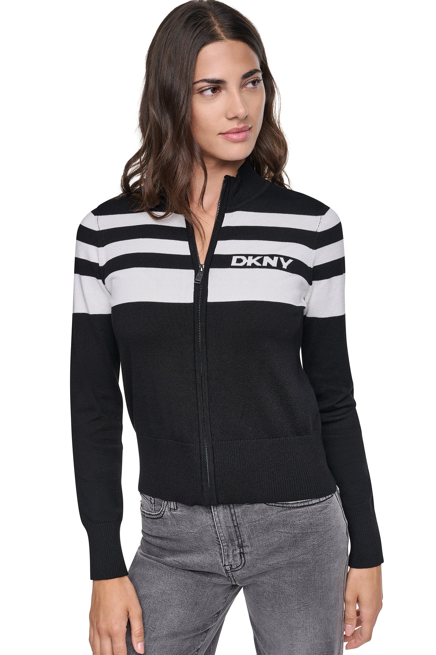 STRIPED MOCK NECK ZIP SWEATER VIEW 2