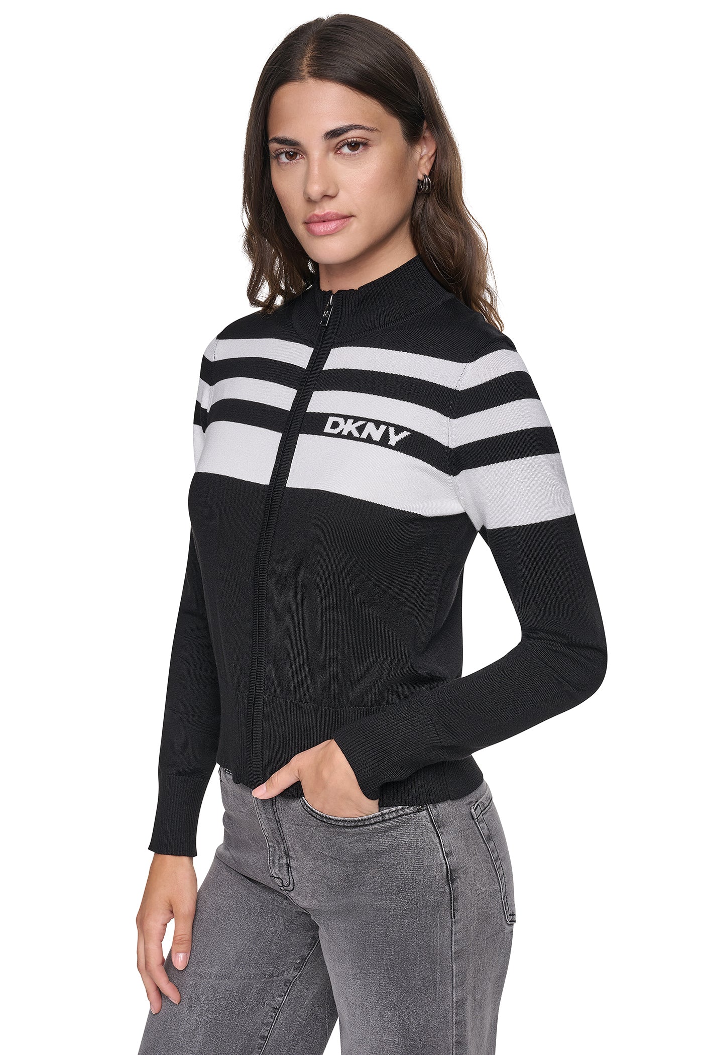 STRIPED MOCK NECK ZIP SWEATER VIEW 2