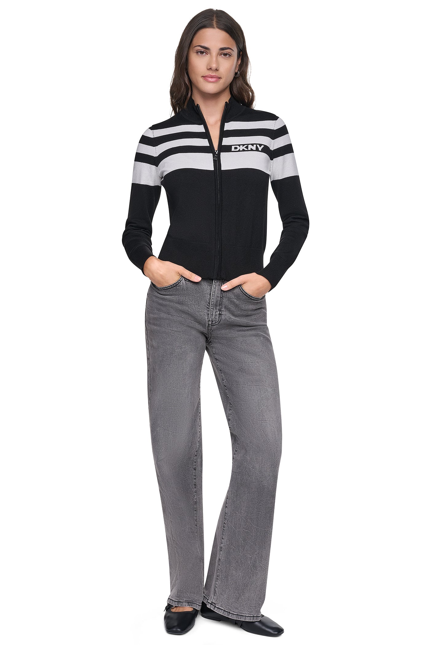 STRIPED MOCK NECK ZIP SWEATER VIEW 2