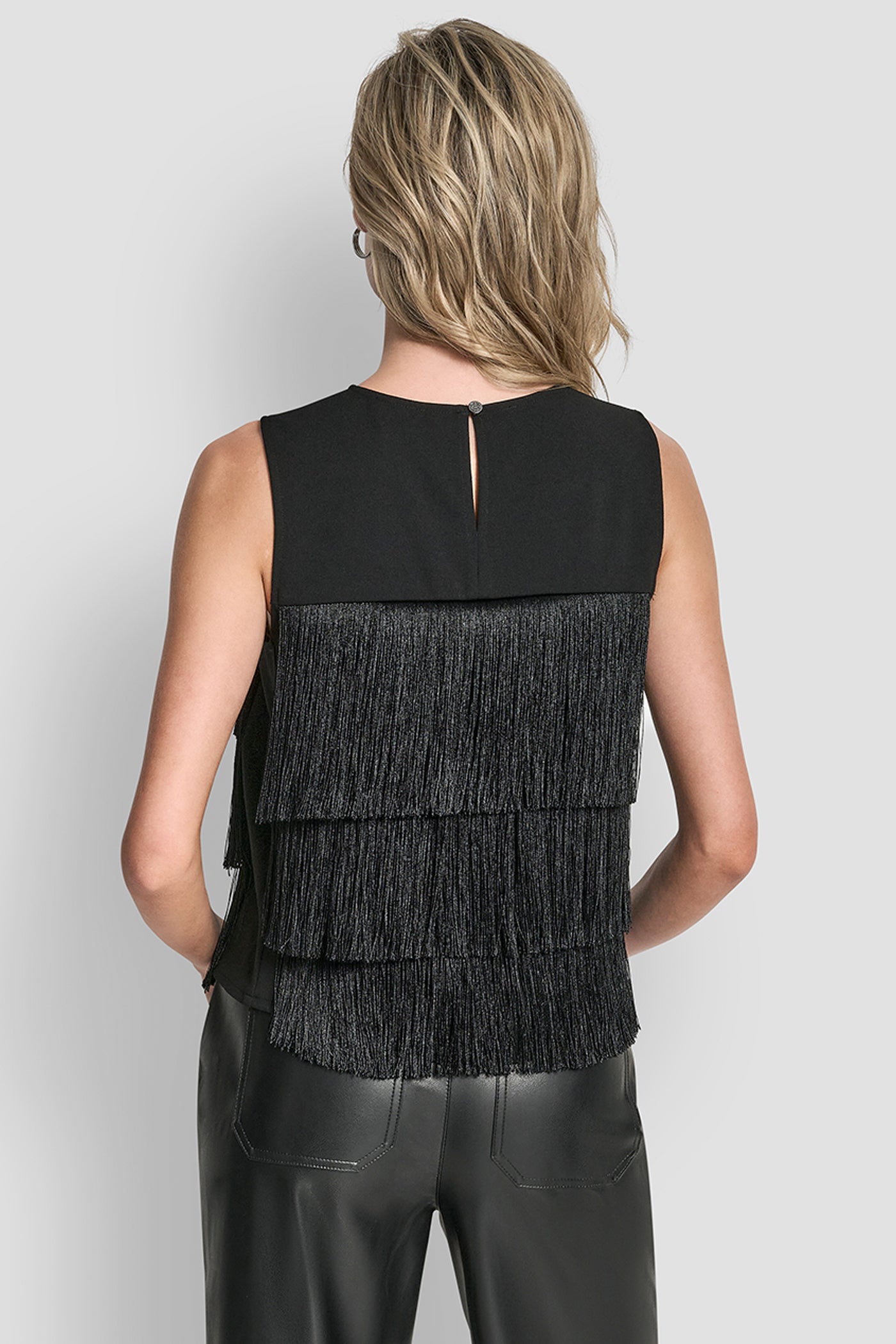 Black SLEEVELESS FRINGE BLOUSE, BACK VIEW | WOMEN'S SWEATERS & TOPS