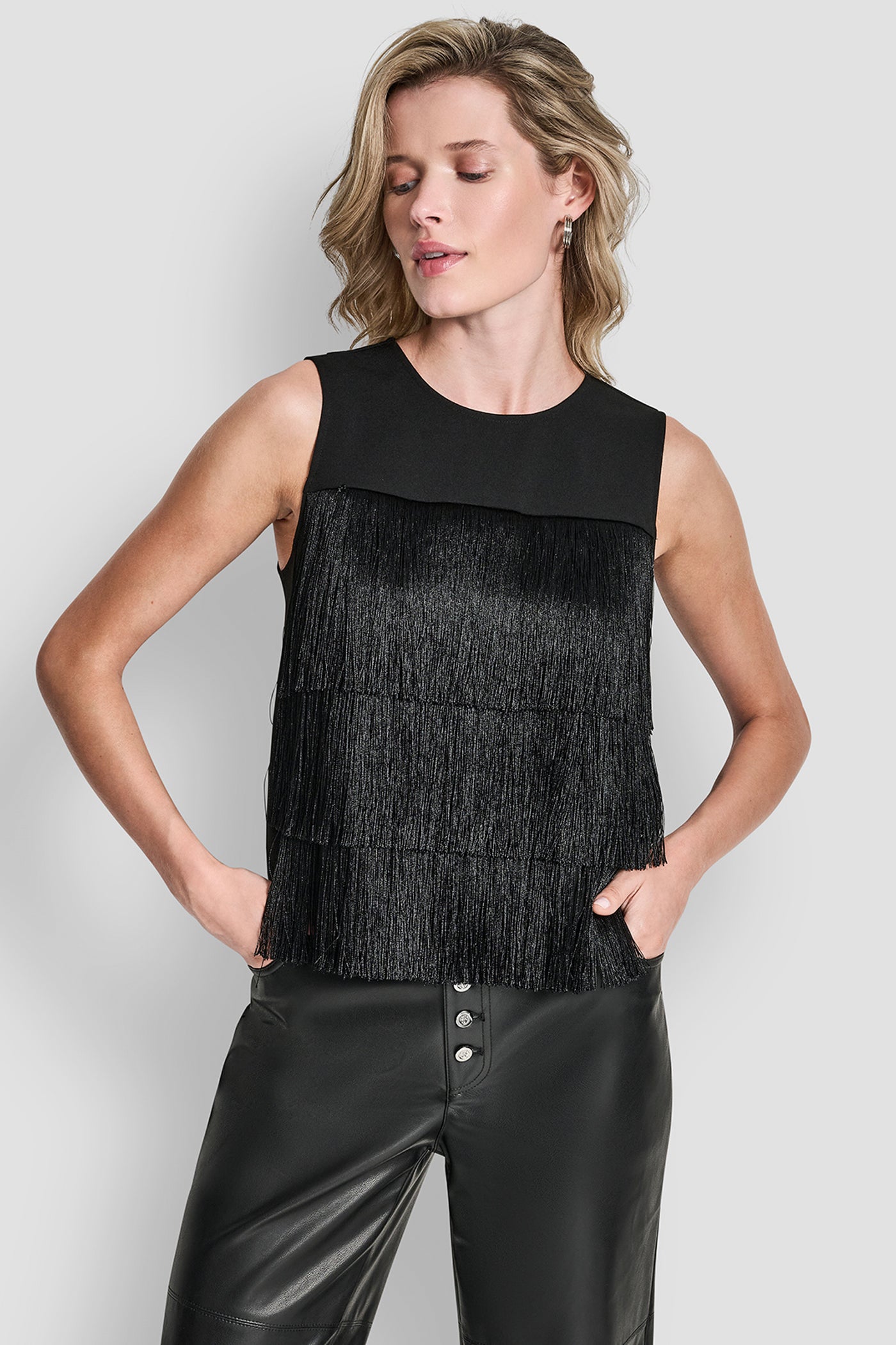 Black SLEEVELESS FRINGE BLOUSE, FRONT VIEW | WOMEN'S SWEATERS & TOPS