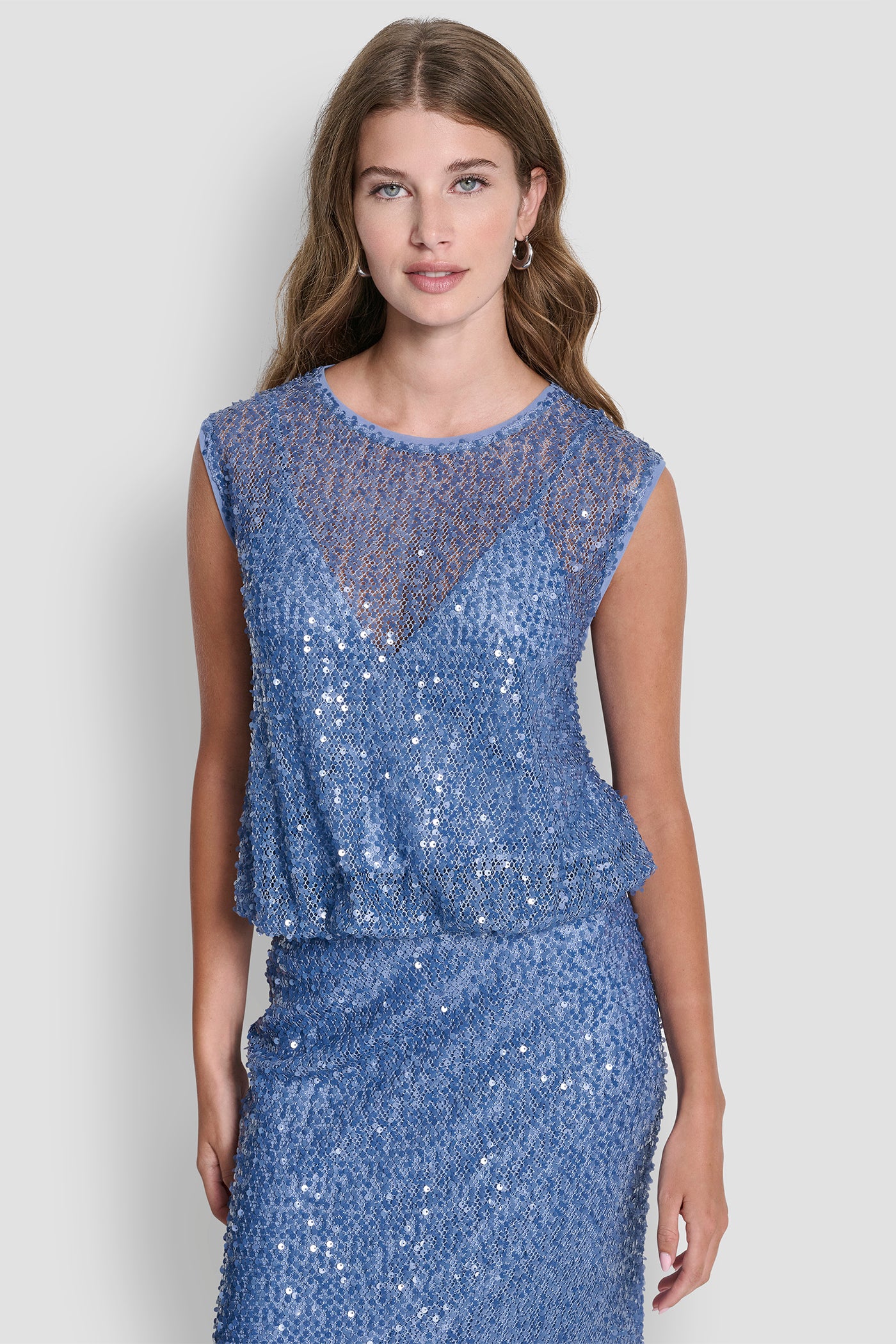 Liberty Sky SLEEVELESS SEQUINED BUBBLE HEM SWEATER, FRONT VIEW | New clothing