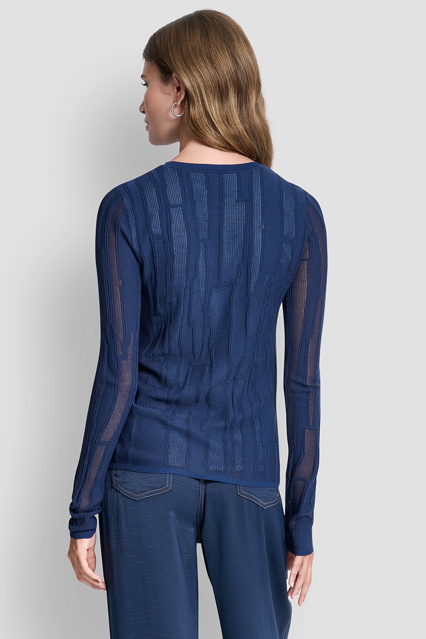 Hudson Blue/Liberty Sky LAYERED MIXED STITCH SWEATER, BACK VIEW | New Arrivals