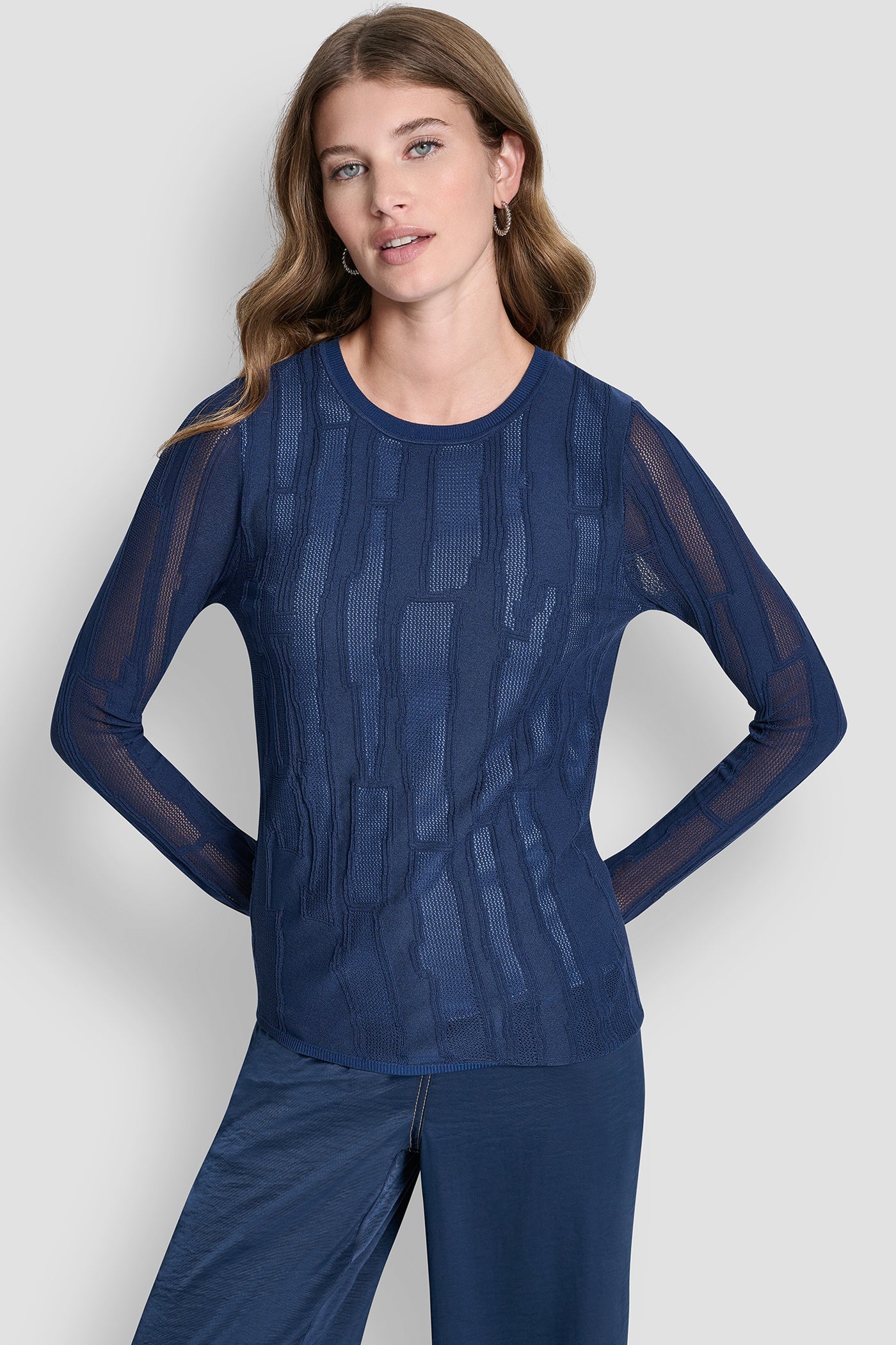 Hudson Blue/Liberty Sky LAYERED MIXED STITCH SWEATER, FRONT VIEW | New Arrivals