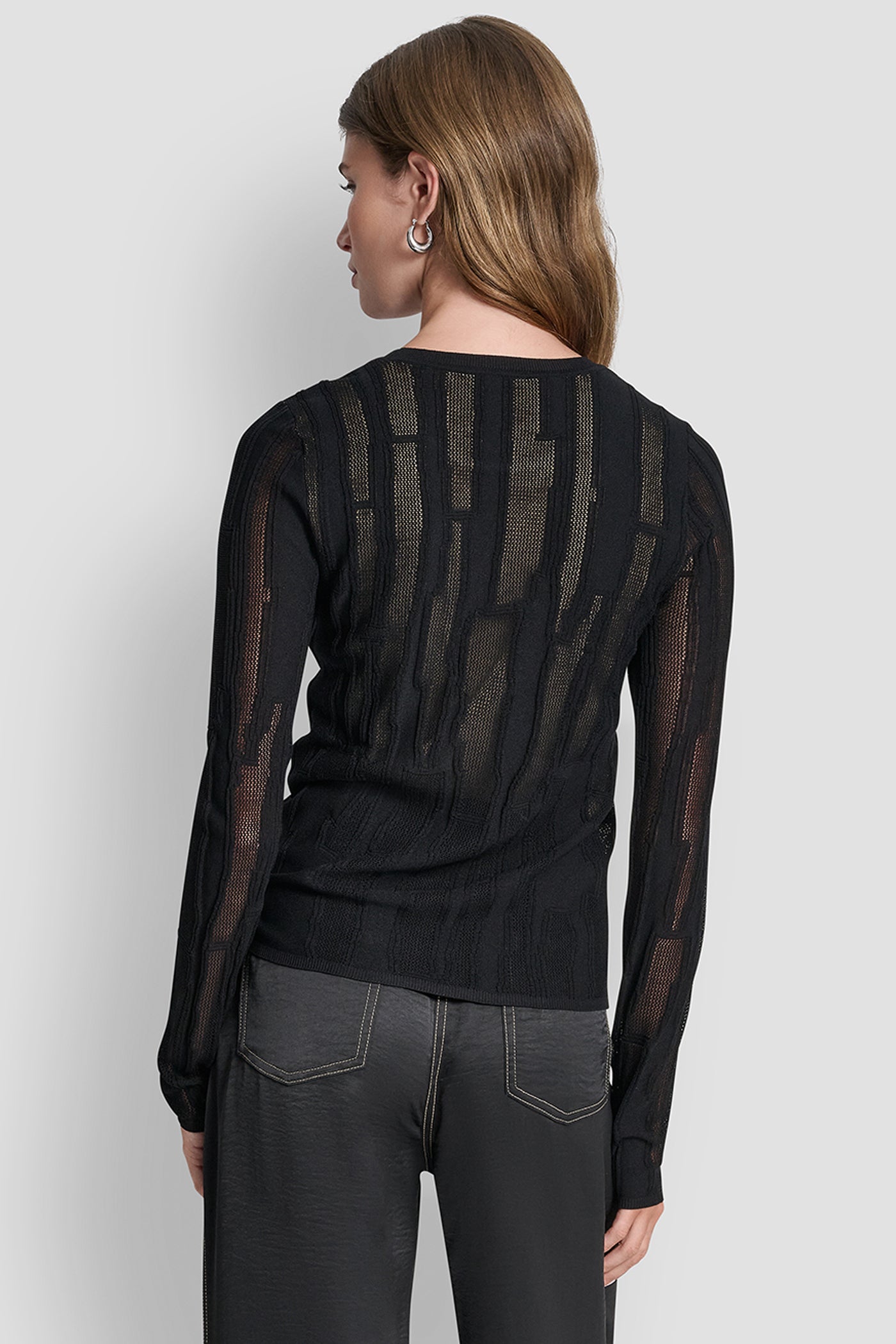 Black LAYERED MIXED STITCH SWEATER, BACK VIEW | New Arrivals