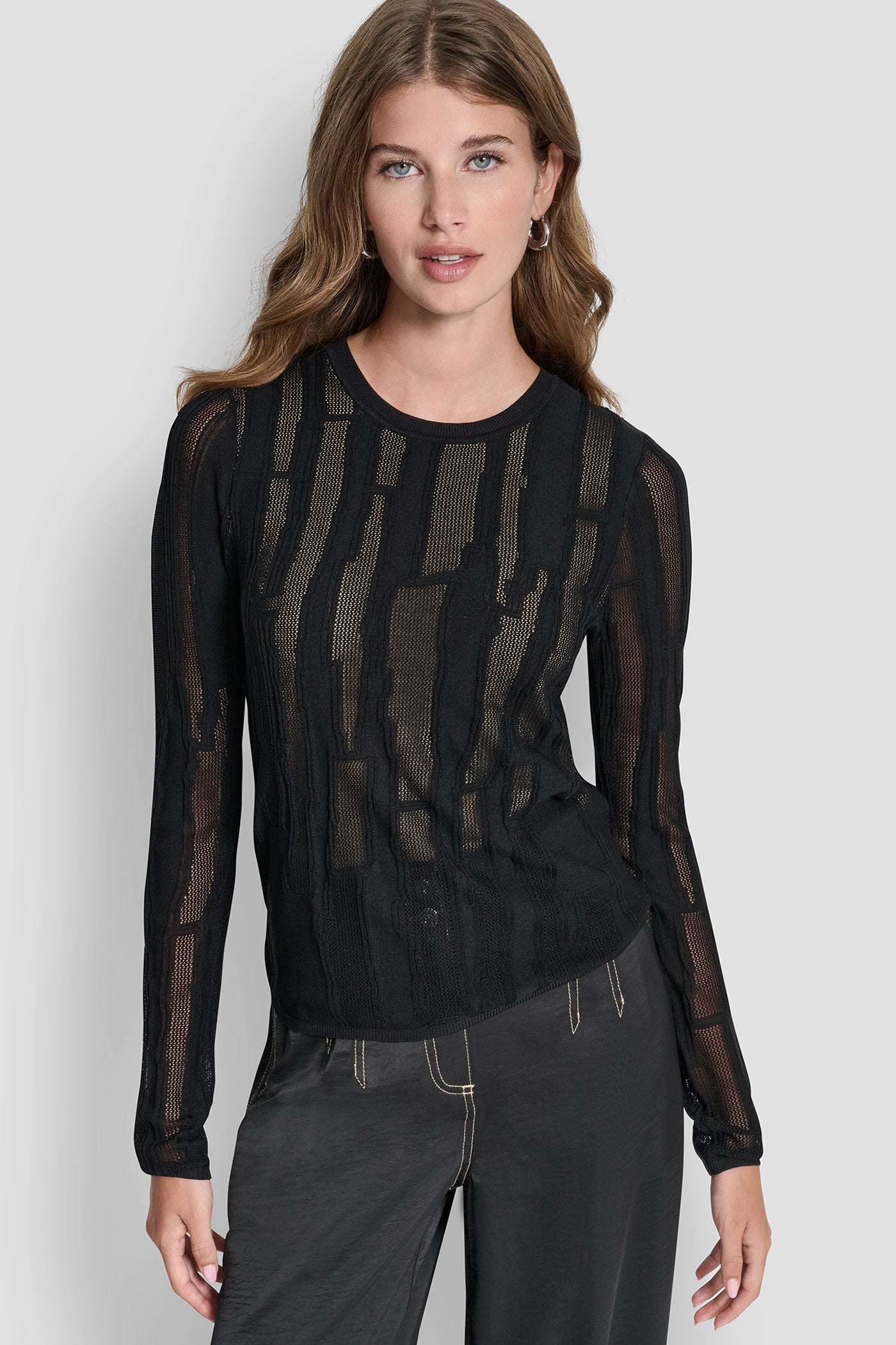 Black LAYERED MIXED STITCH SWEATER, FRONT VIEW | New Arrivals