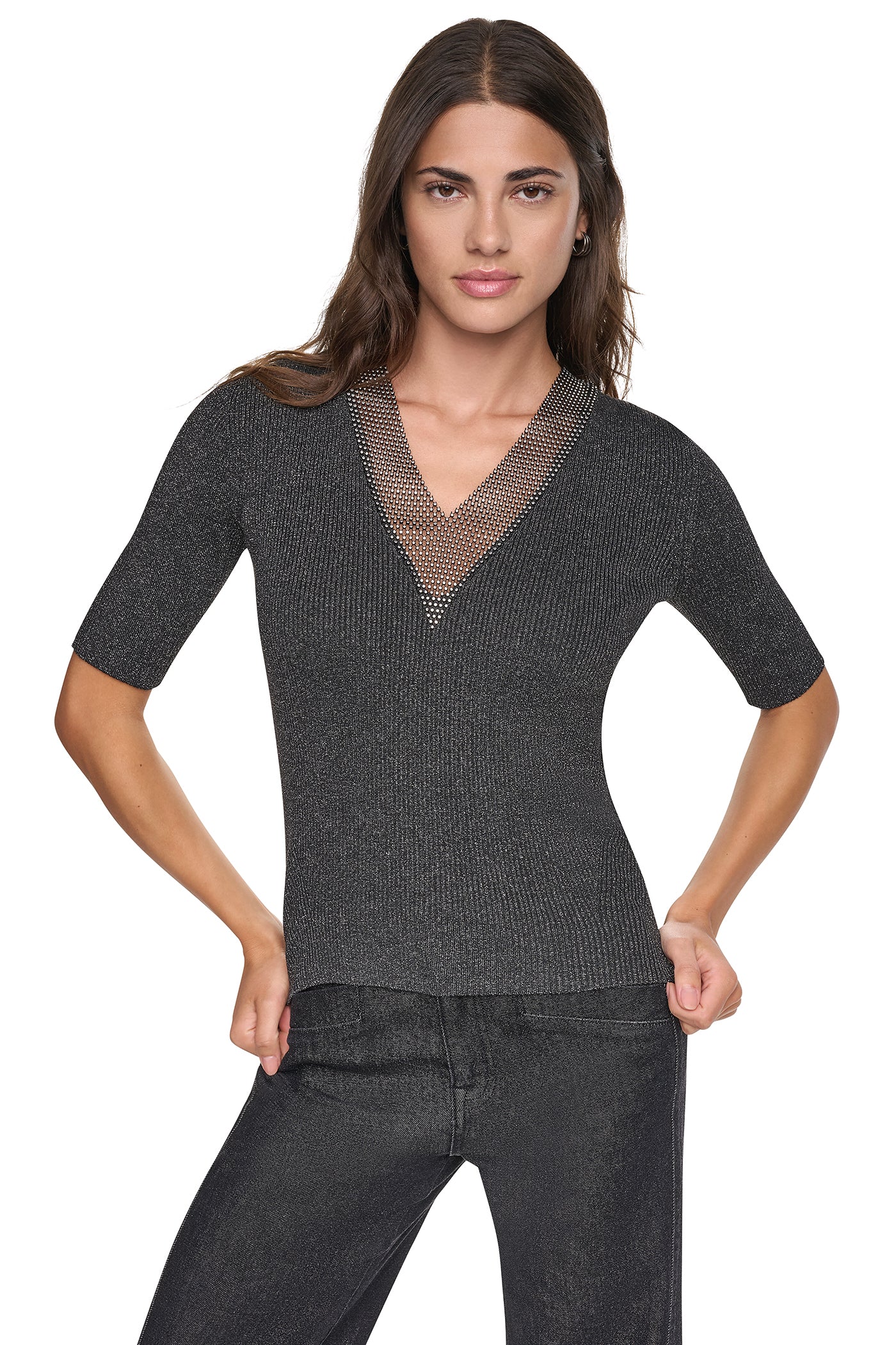 EMBELLISHED METALLIC SWEATER VIEW 1