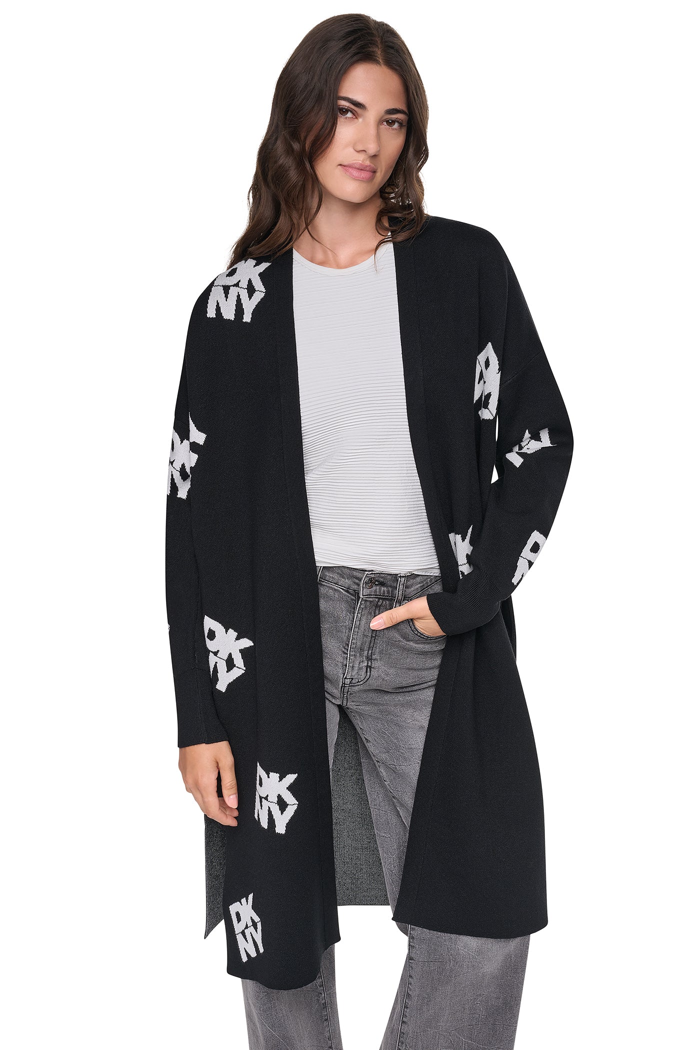 ALL-OVER STACK LOGO LONG CARDIGAN VIEW 2