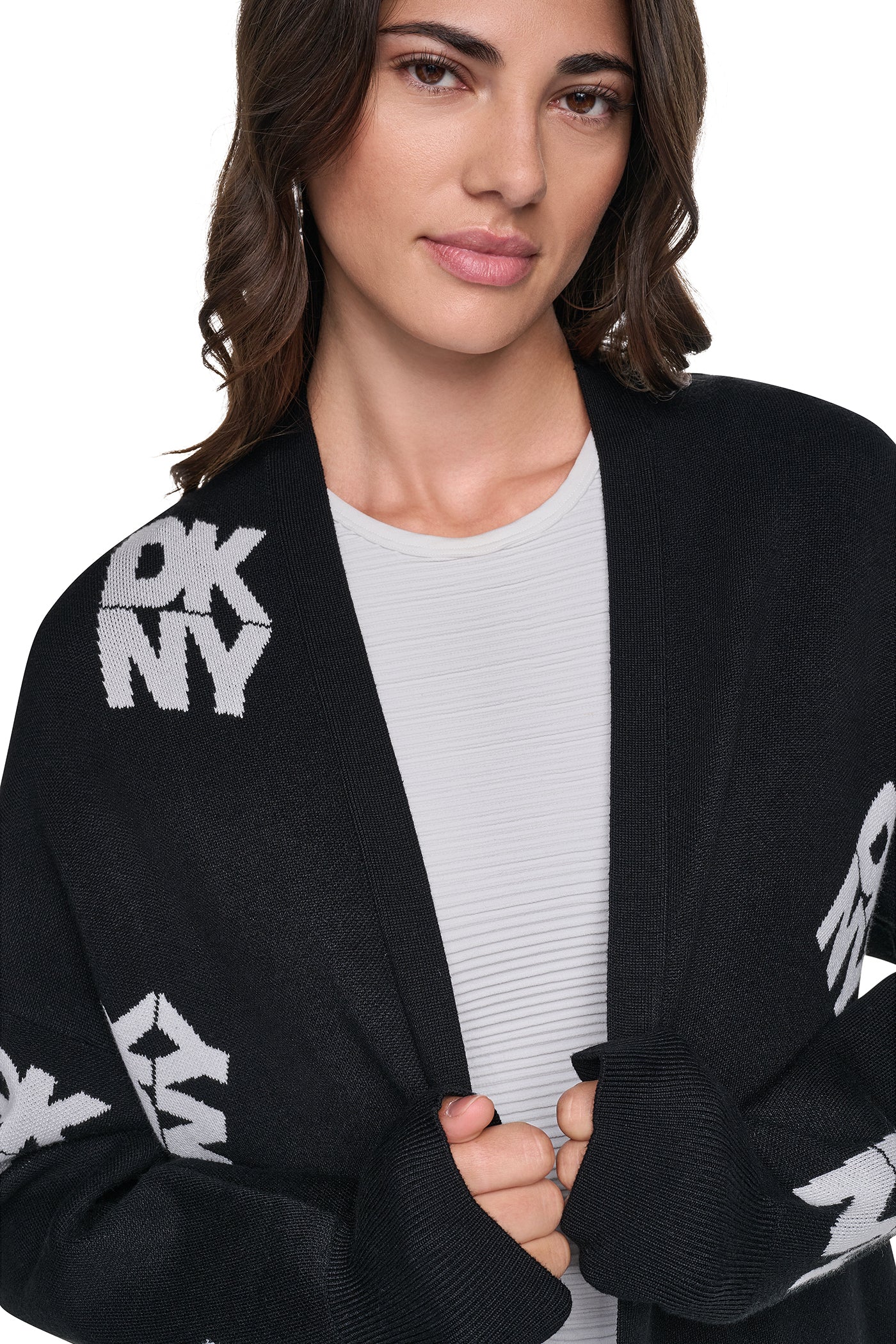 ALL-OVER STACK LOGO LONG CARDIGAN VIEW 2