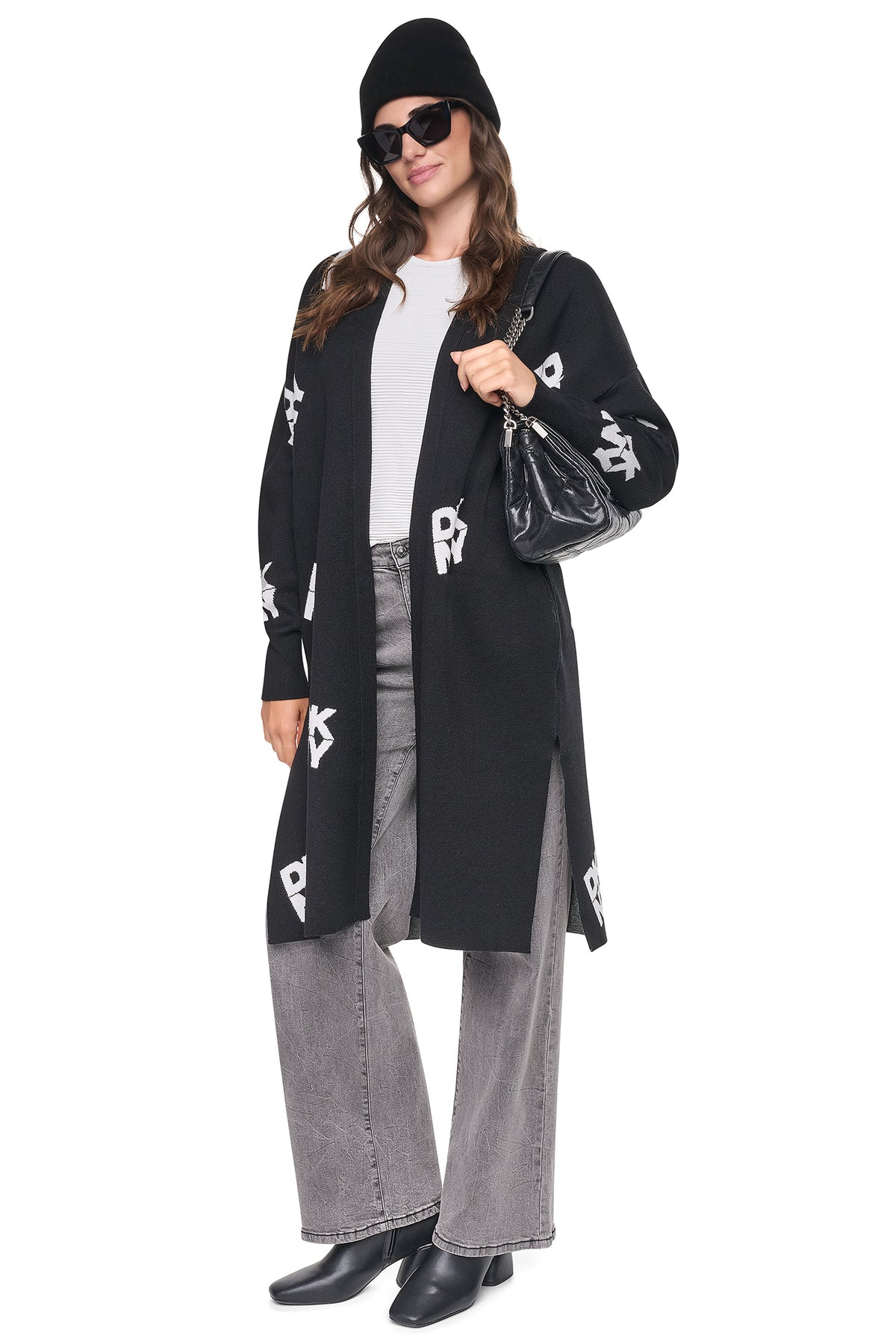 ALL-OVER STACK LOGO LONG CARDIGAN VIEW 1