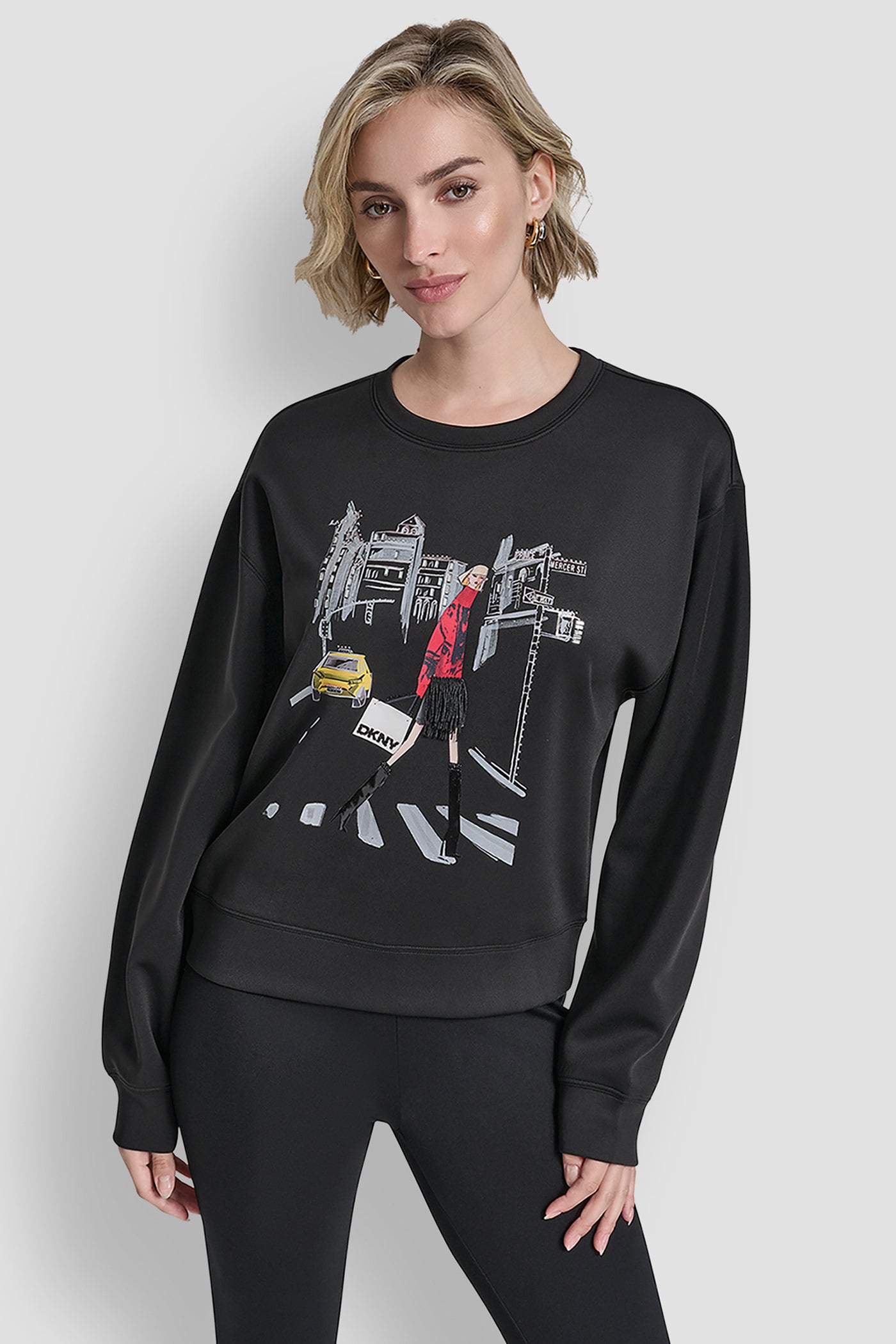 Black POLISHED STRETCH LONG SLEEVE TOP, VIEW 1 | DKNY Promo