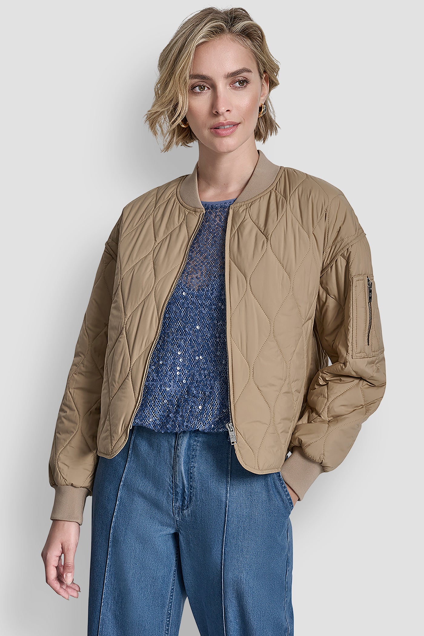 Travertine QUILTED BOMBER JACKET, FRONT VIEW | Jackets & Blazers