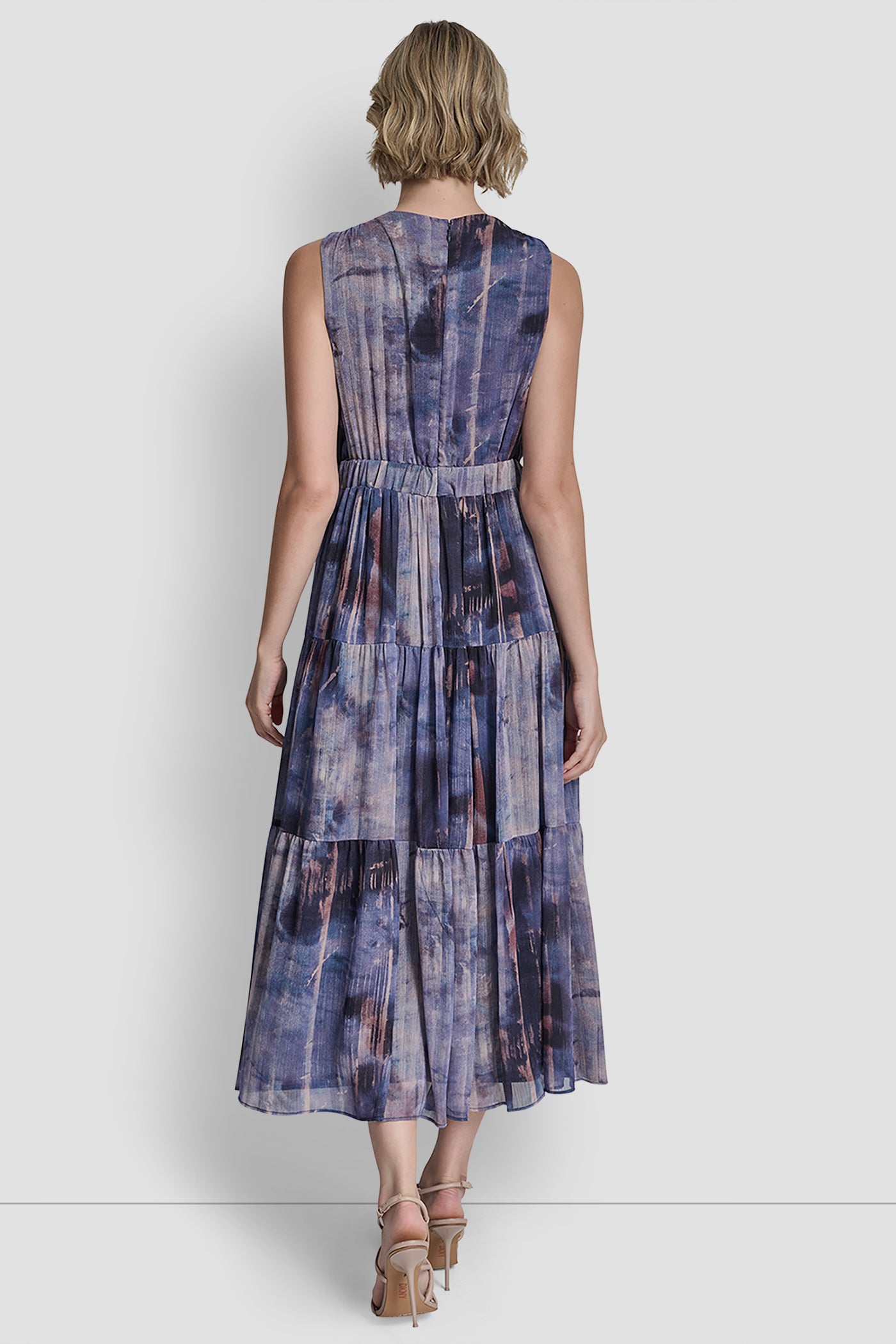 Blue PLEATED CHIFFON TIE-WAIST MIDI DRESS, BACK VIEW | New clothing