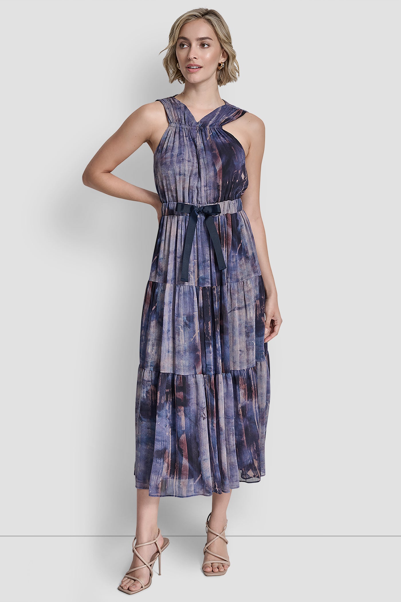 Blue PLEATED CHIFFON TIE-WAIST MIDI DRESS, FRONT VIEW | New clothing