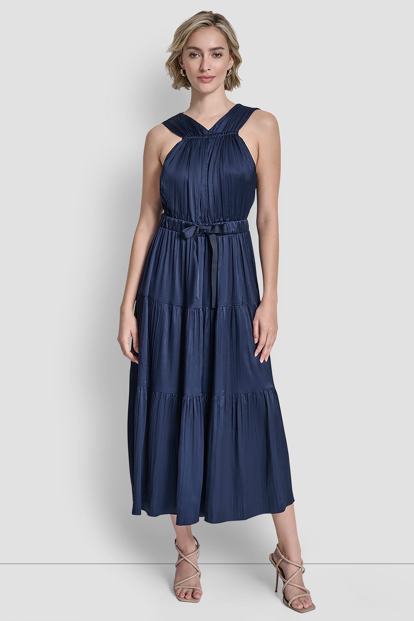 Hudson Blue PLEATED SATIN TIE-WAIST MIDI DRESS, FRONT VIEW | New clothing