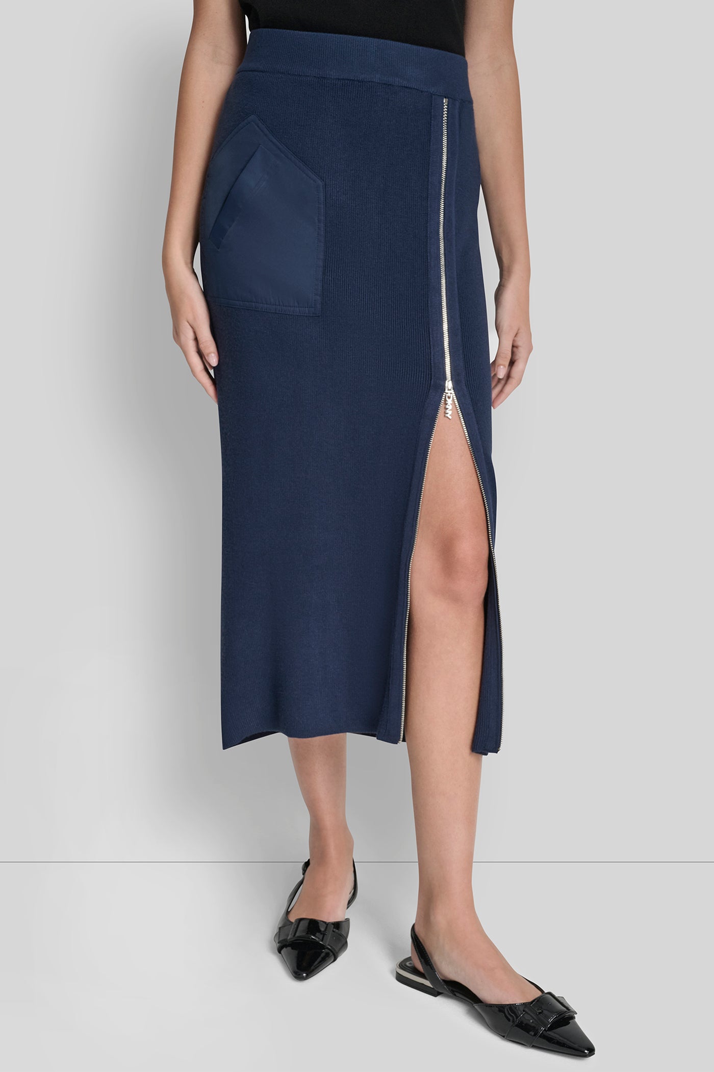 Hudson Blue ZIP DETAILED MIDI SWEATER SKIRT, FRONT VIEW | HOLIDAY COLLECTION