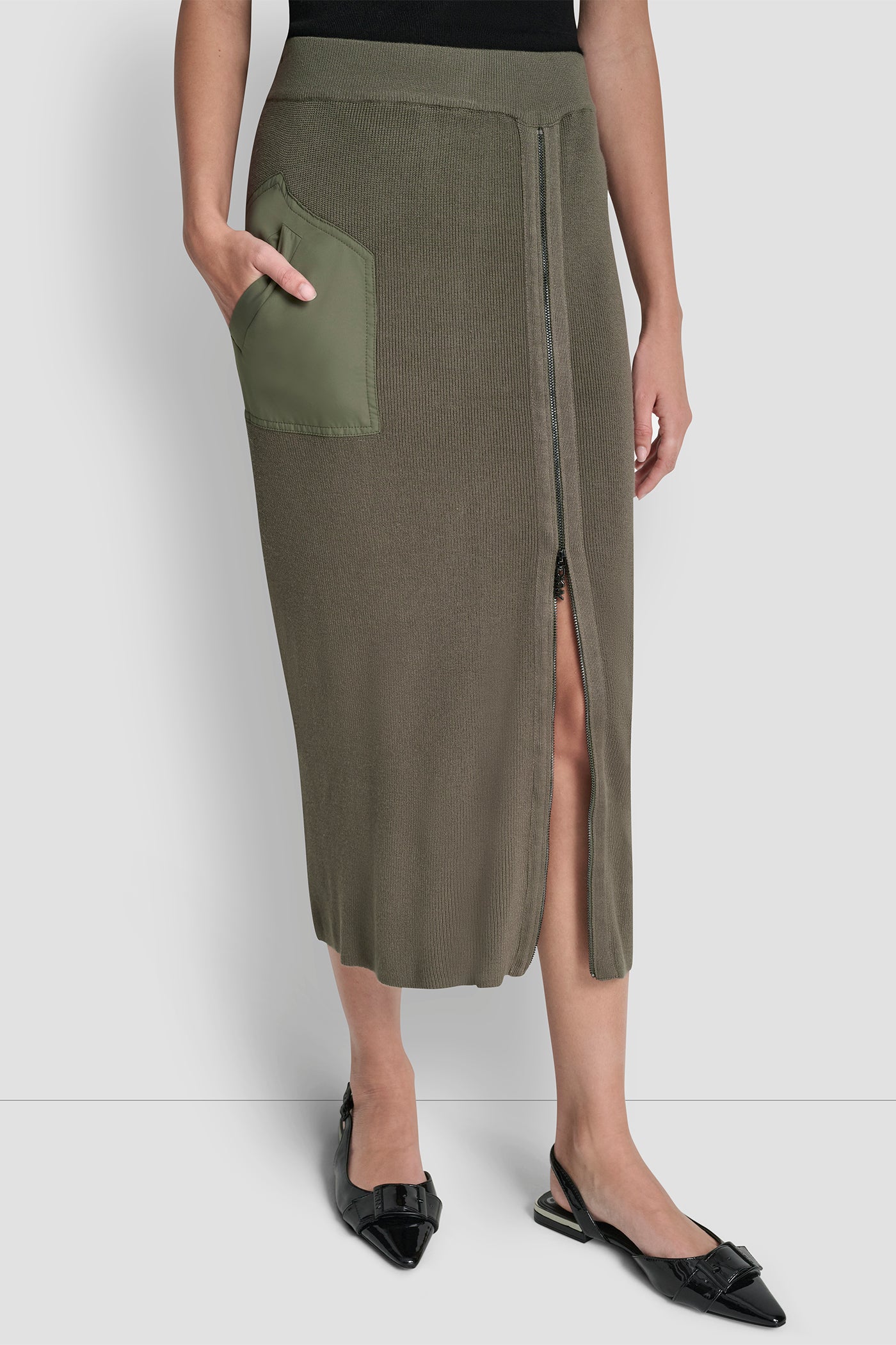 City Taupe ZIP DETAILED MIDI SWEATER SKIRT, FRONT VIEW | HOLIDAY COLLECTION