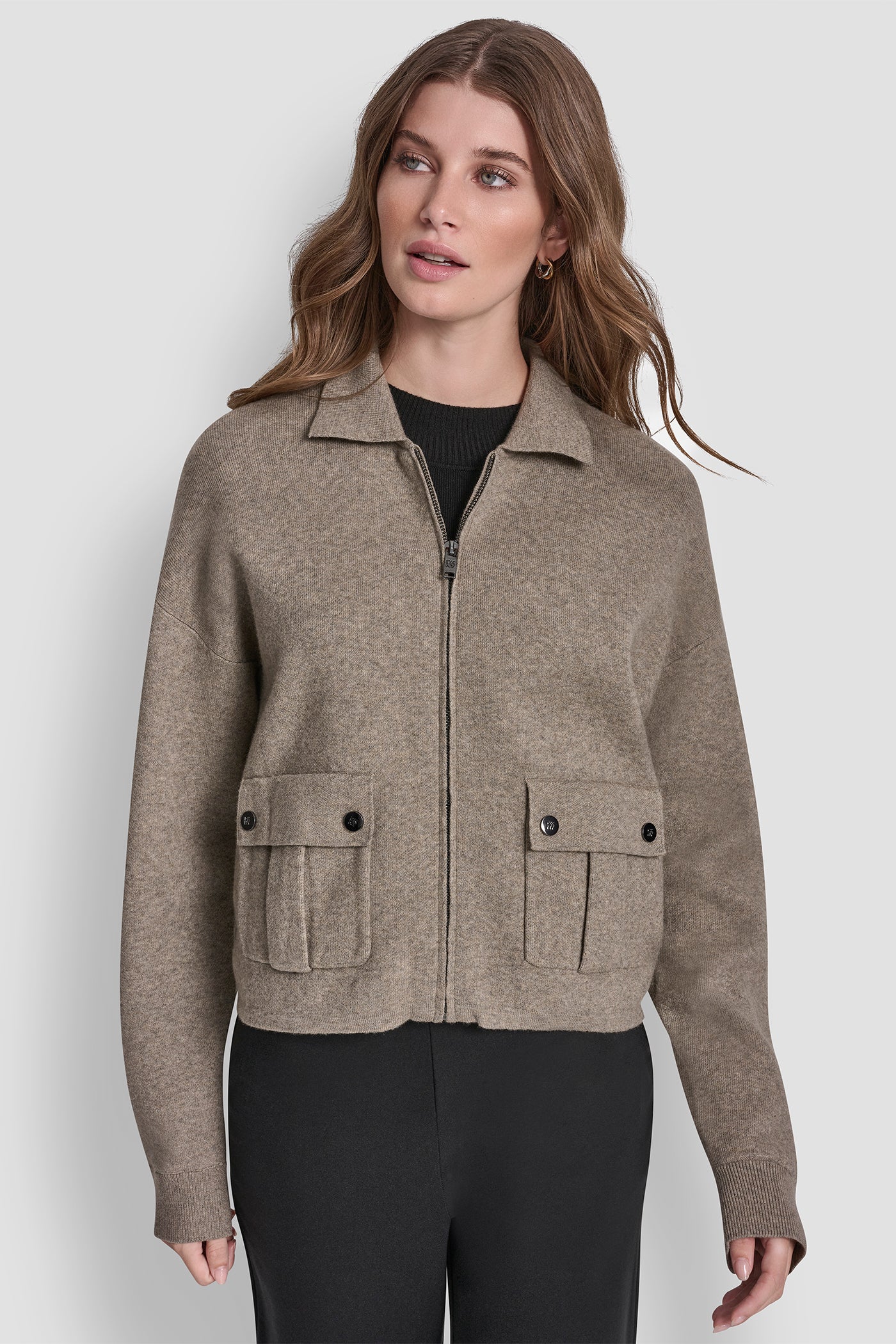 Beige ZIP UP SWEATER JACKET, VIEW 2 | Products