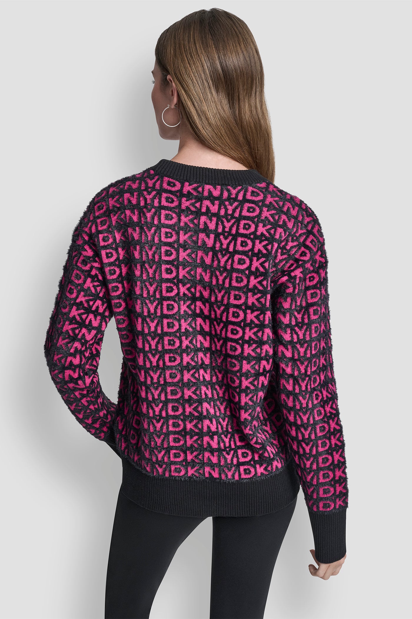 BLACK/FUSCHSIA FUR ALL OVER LOGO SWEATER, BACK VIEW | Gifts Under $50