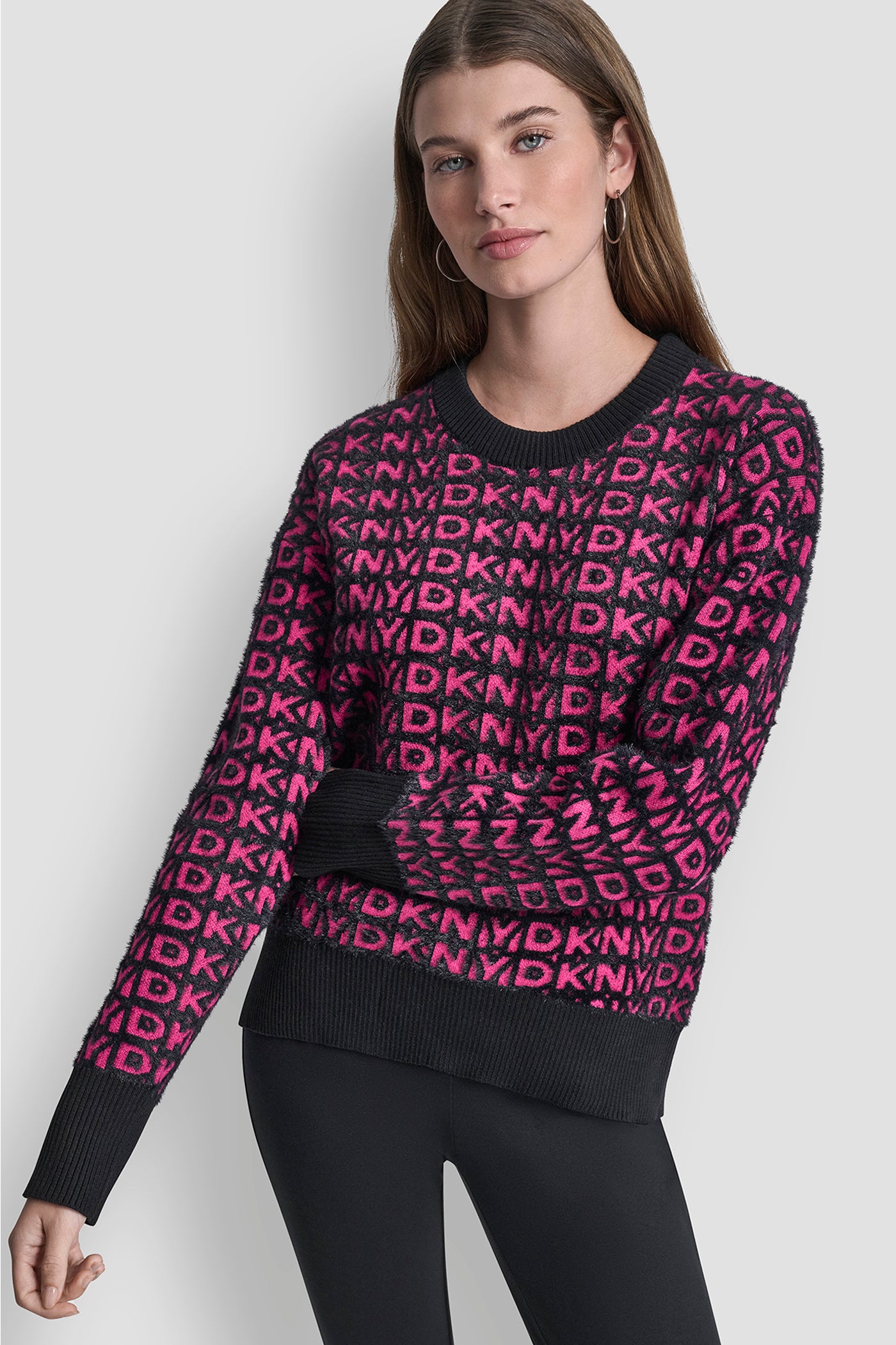 BLACK/FUSCHSIA FUR ALL OVER LOGO SWEATER, FRONT VIEW | Gifts Under $50