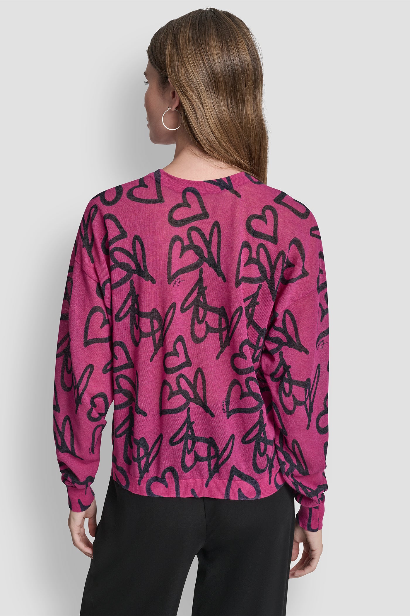 Hot Pink Graffiti Heart LIGHT WEIGHT PRINTED SWEATER, VIEW 2 | Clothing