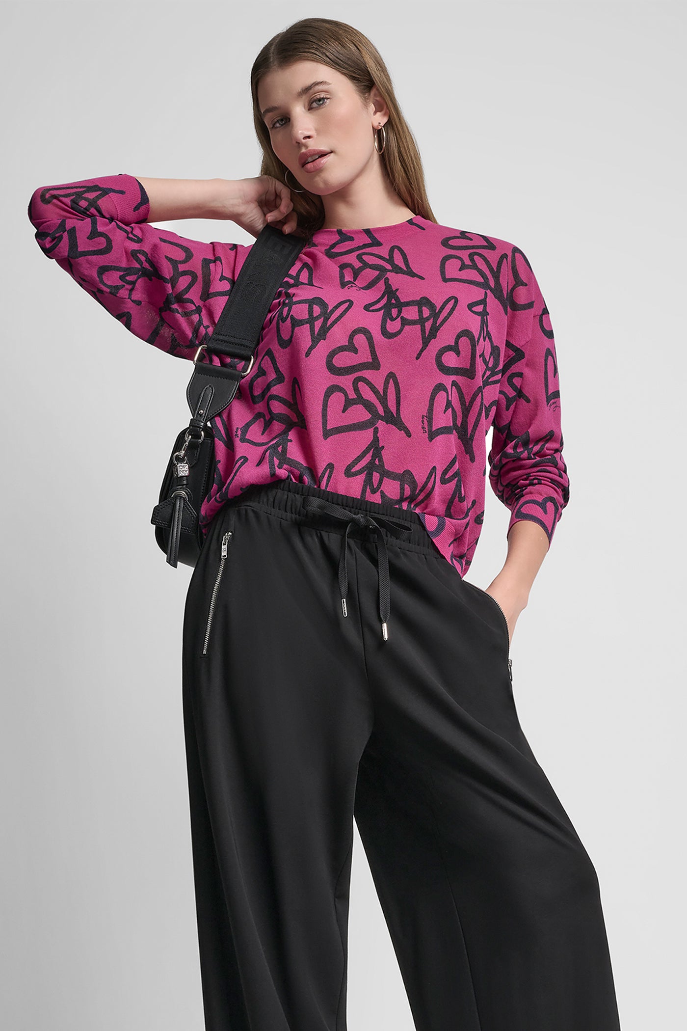 Hot Pink Graffiti Heart LIGHT WEIGHT PRINTED SWEATER, VIEW 1 | Clothing