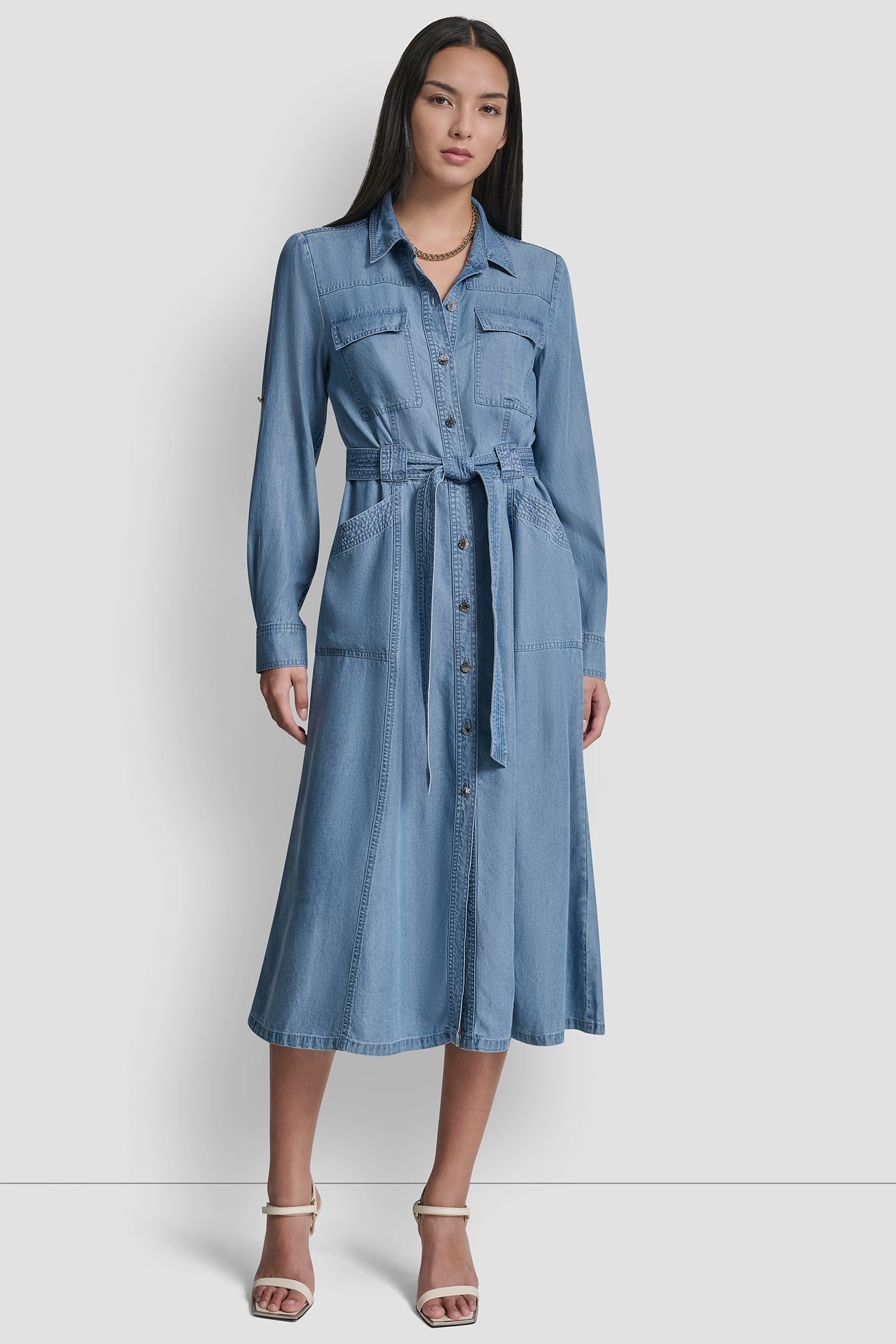 LONG SLEEVE ROLL TAB TENCEL CARGO DRESS VIEW 4 | Clothing