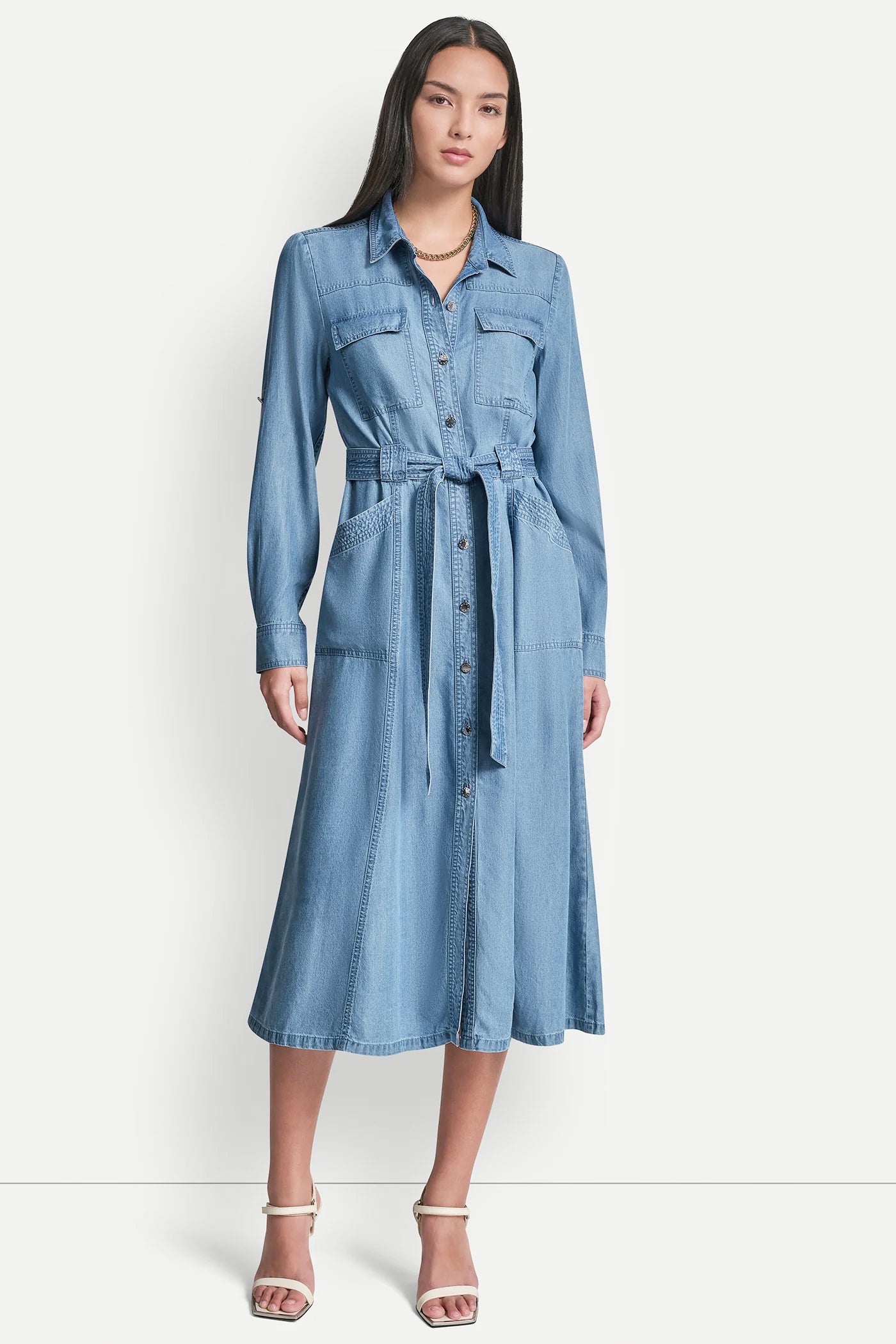 LONG SLEEVE ROLL TAB TENCEL CARGO DRESS VIEW 5 | SALE