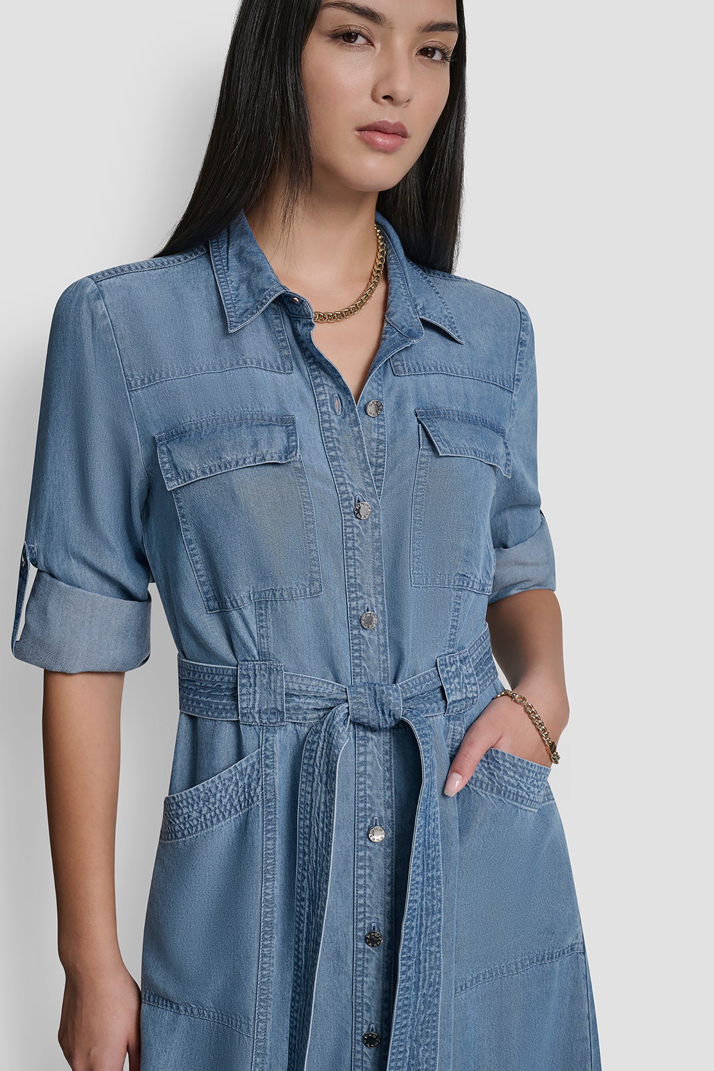 LONG SLEEVE ROLL TAB TENCEL CARGO DRESS VIEW 7 | Clothing