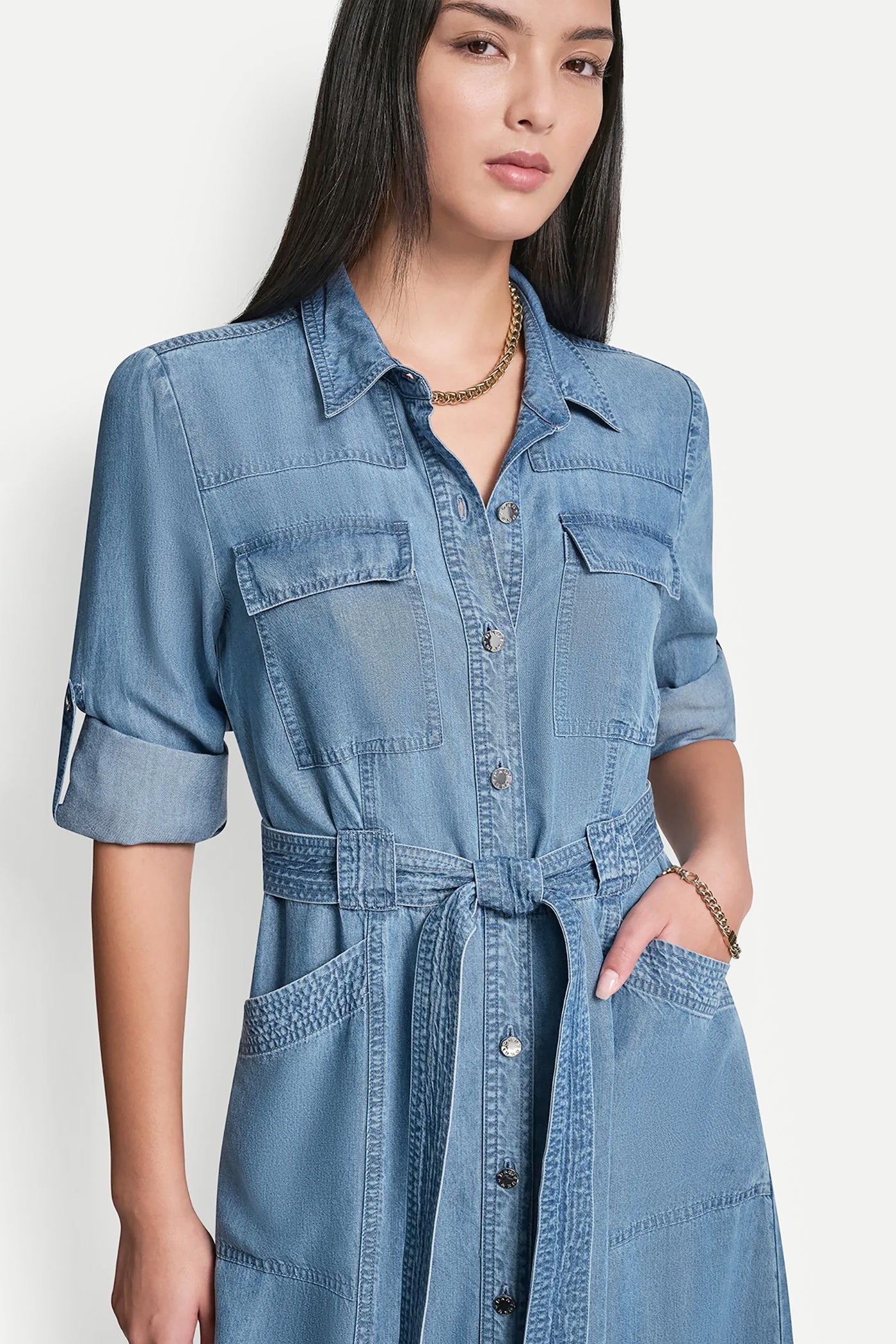 DKNY Women's LONG Sleeve Roll Tab Tencel Cargo Dress in Stream DKNY Women's LONG Sleeve Roll Tab Tencel Cargo Dress in Stream