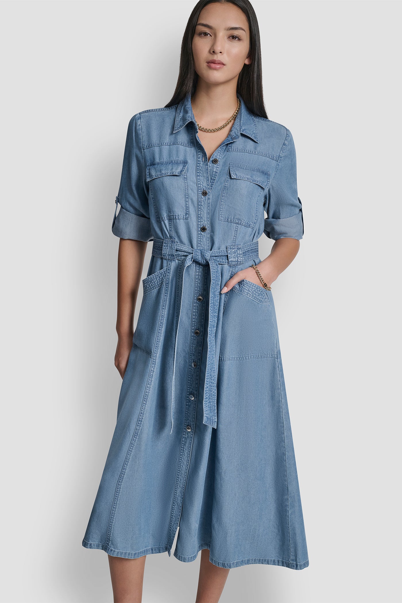 LONG SLEEVE ROLL TAB TENCEL CARGO DRESS VIEW 6 | Clothing