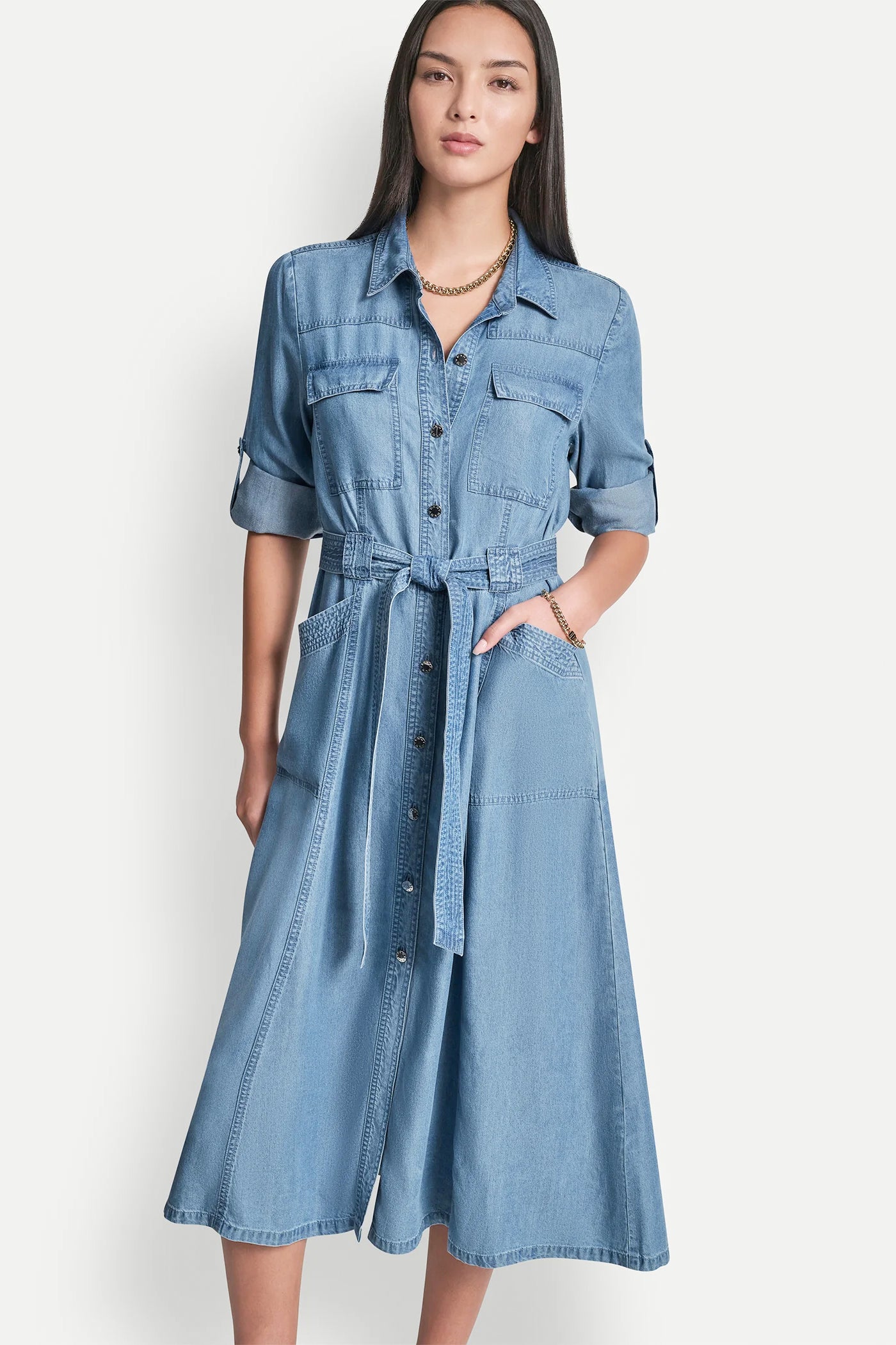 DKNY Women's Long Sleeve Roll Tab Tencel Cargo Dress in Stream DKNY Women's Long Sleeve Roll Tab Tencel Cargo Dress in Stream