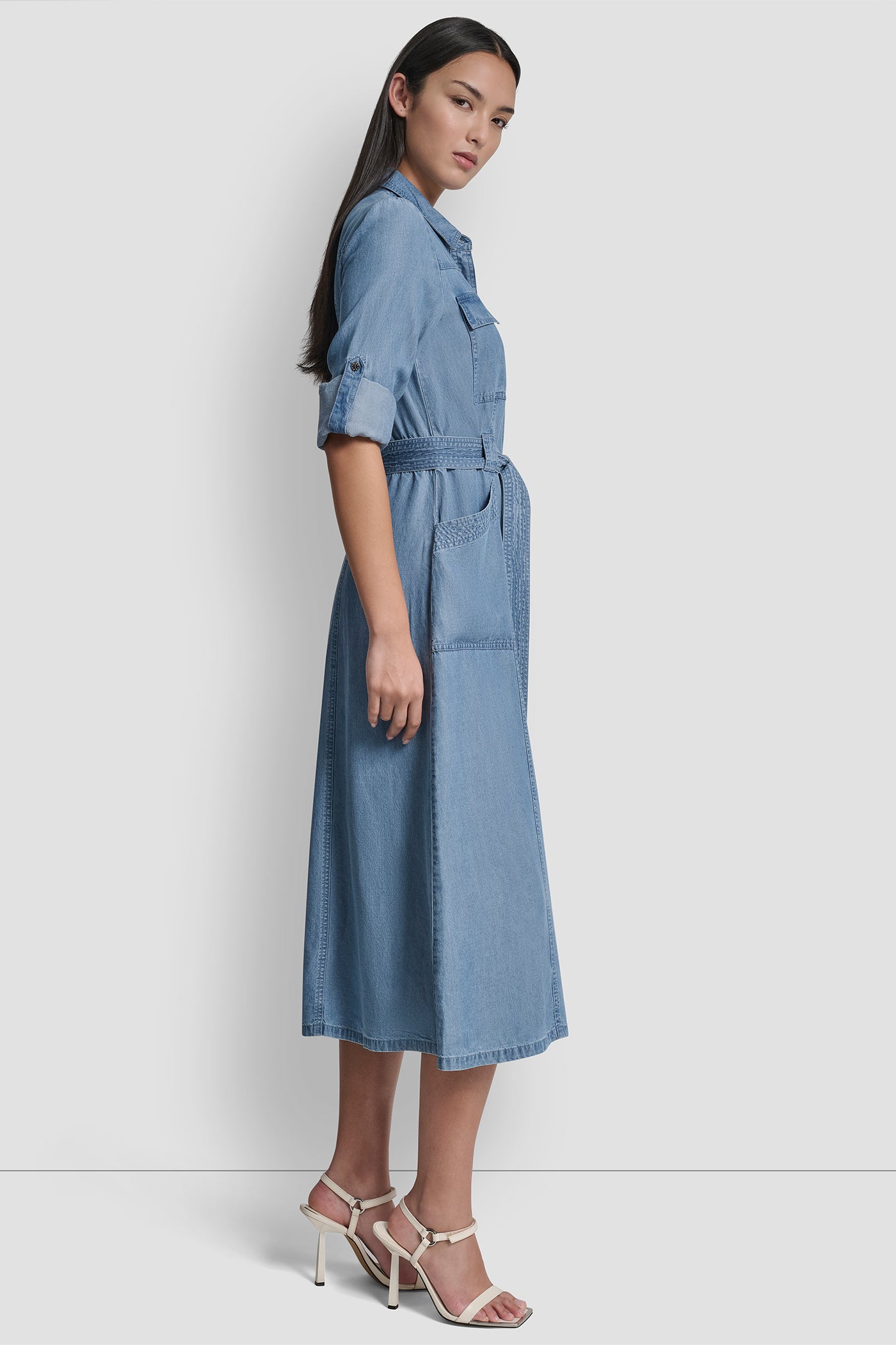 LONG SLEEVE ROLL TAB TENCEL CARGO DRESS VIEW 3 | Clothing