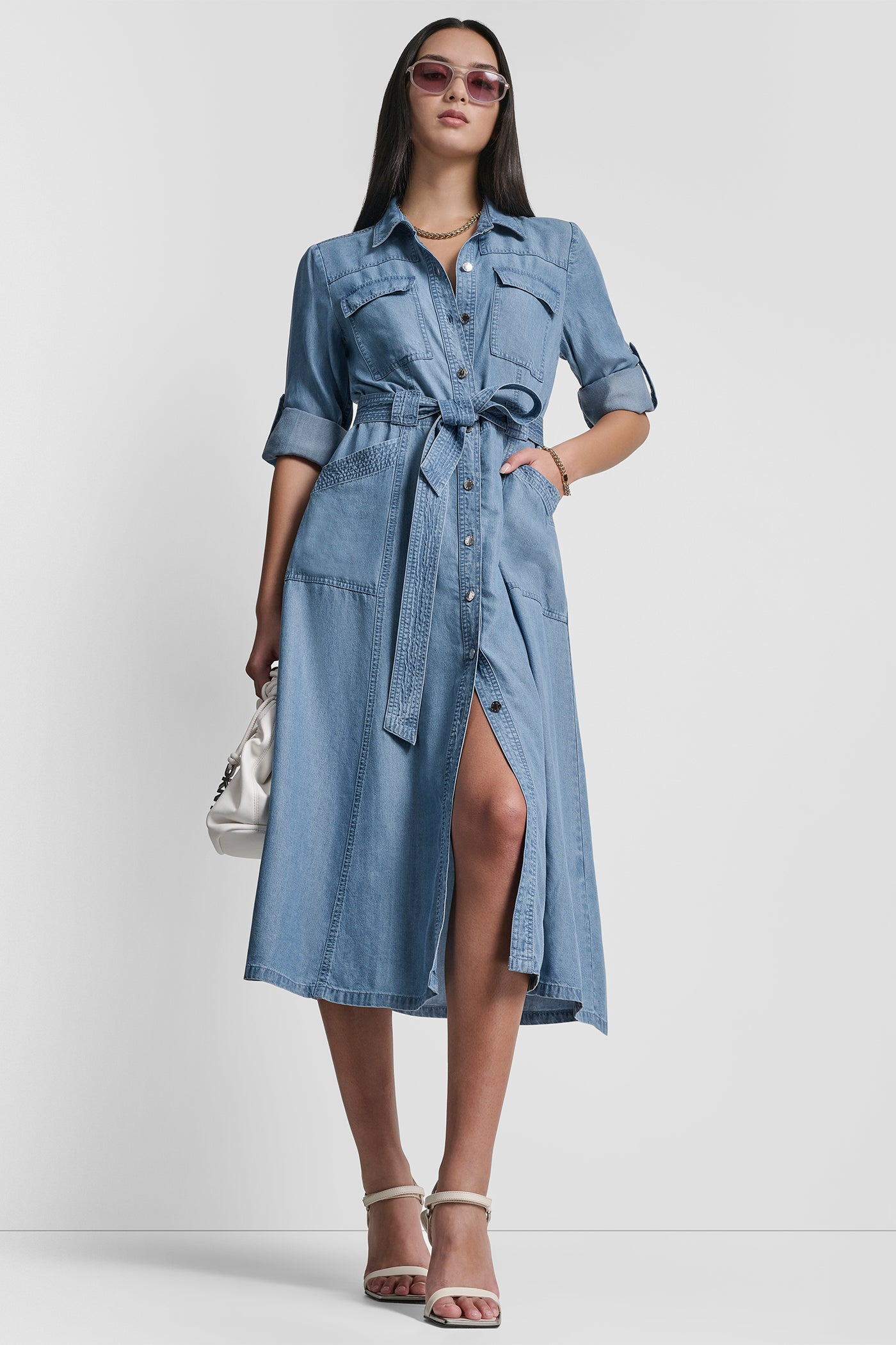 Stream LONG SLEEVE ROLL TAB TENCEL CARGO DRESS, VIEW 1 | Clothing