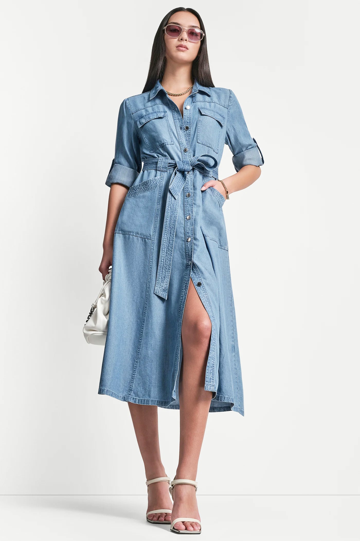 Stream LONG SLEEVE ROLL TAB TENCEL CARGO DRESS, VIEW 2 | SALE