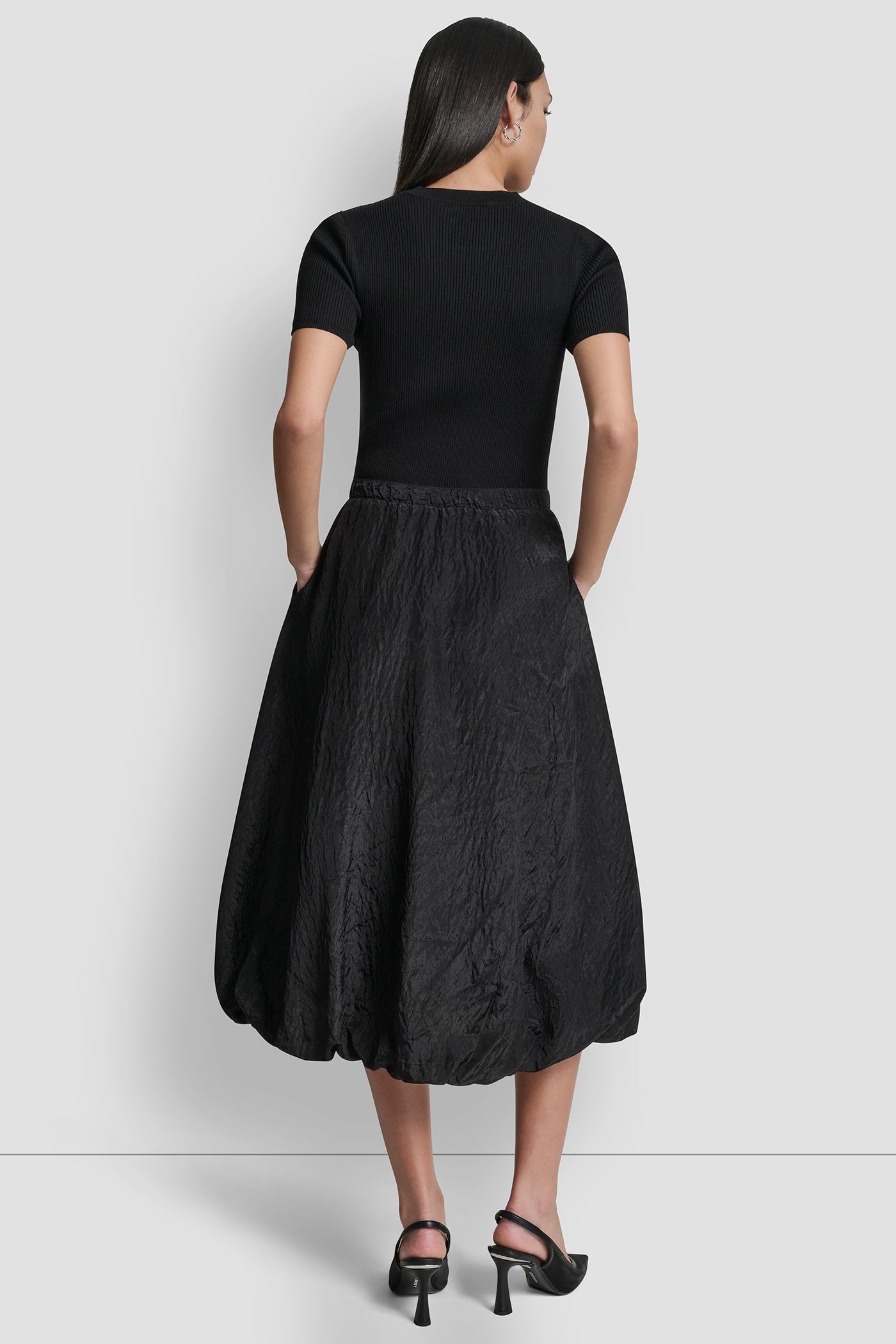 Black MIXED MEDIA CARGO MIDI BUBBLE DRESS, VIEW 2 | 9-5 Edit