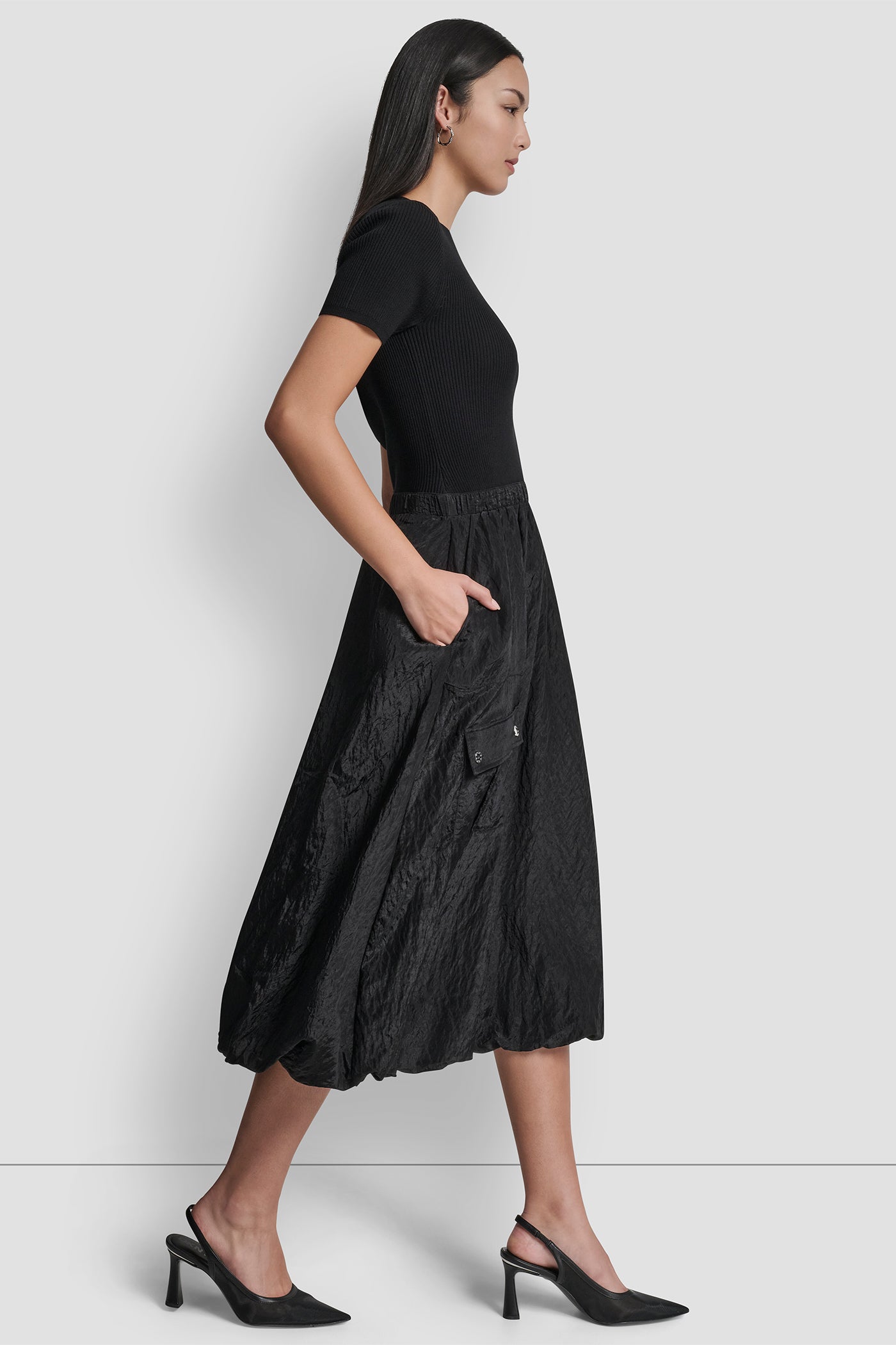 MIXED MEDIA CARGO MIDI BUBBLE DRESS VIEW 3 | 9-5 Edit