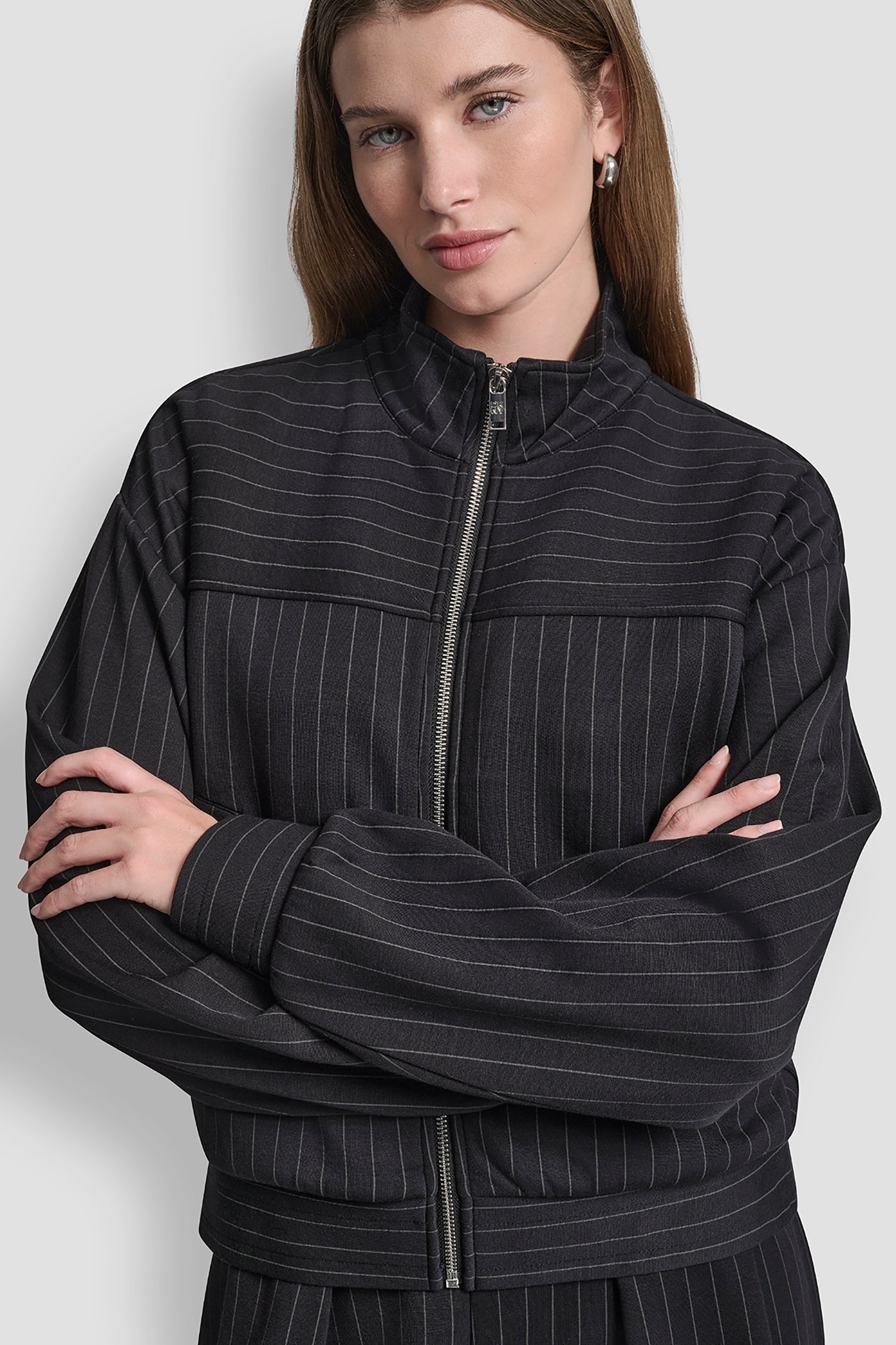 Black PINSTRIPE TRACK JACKET, VIEW 1 | Jackets & Blazers
