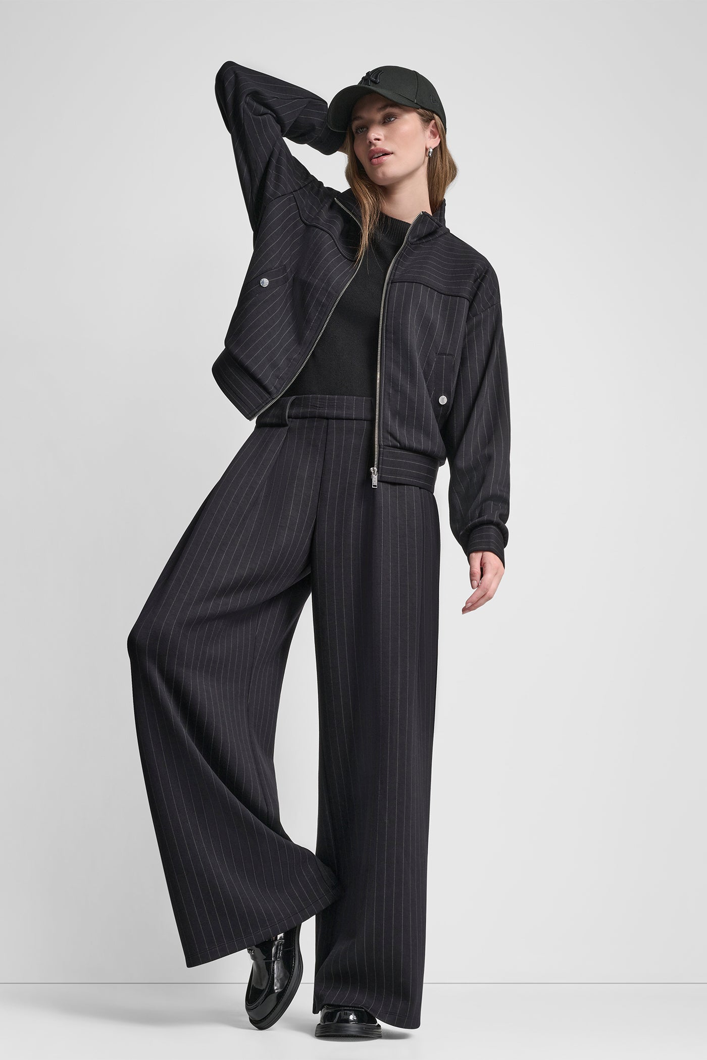 Black PINSTRIPE PLEATED PANT, VIEW 1 | SPRING 2026