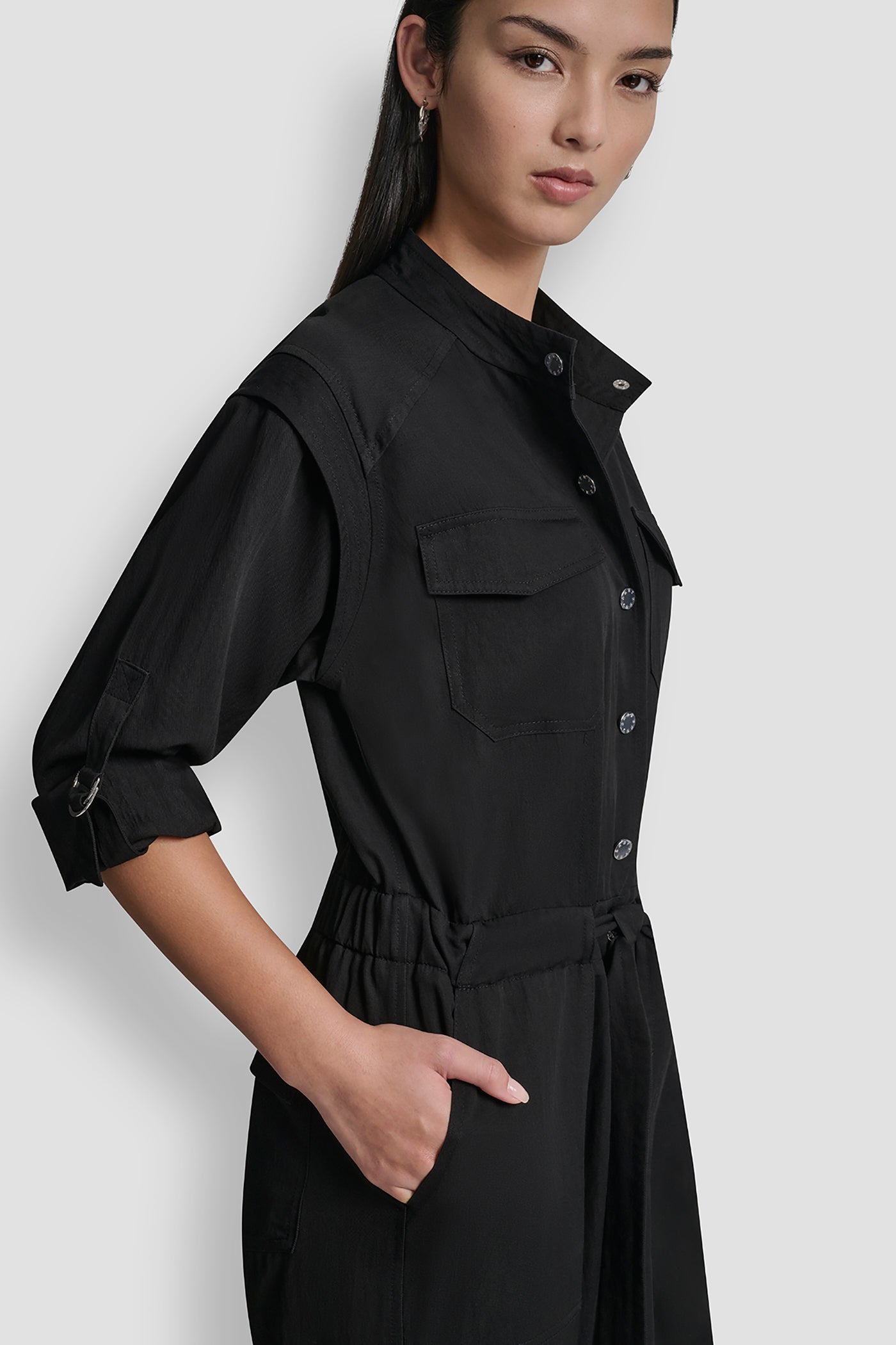 COLLARLESS BUTTON-FRONT JUMPSUIT VIEW 7 | Clothing