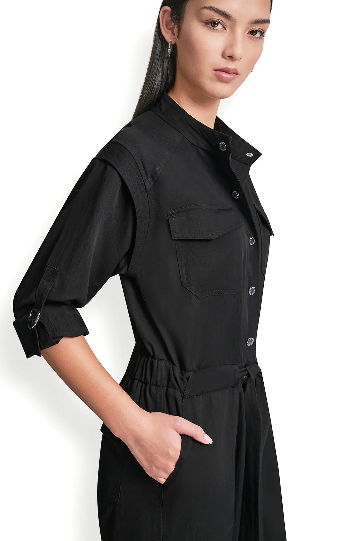 LONG SLEEVE COLLARLESS UTILITY JUMPSUIT VIEW 2