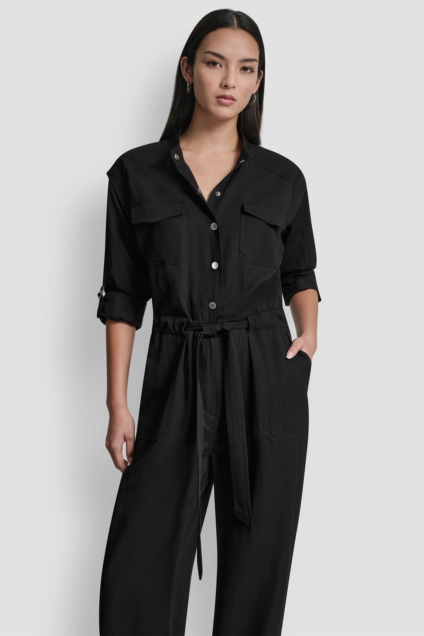 COLLARLESS BUTTON-FRONT JUMPSUIT VIEW 4 | Clothing