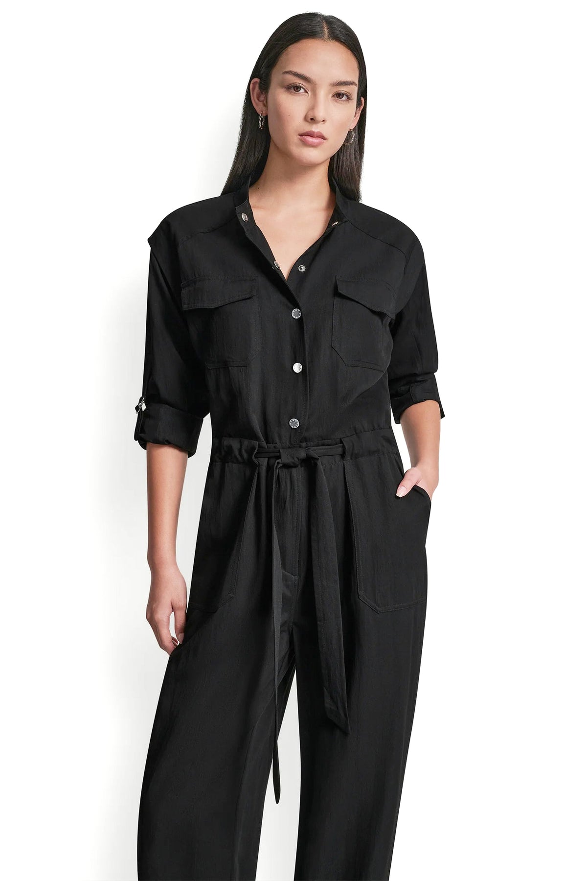LONG SLEEVE COLLARLESS UTILITY JUMPSUIT View 2 | Dresses Under $100