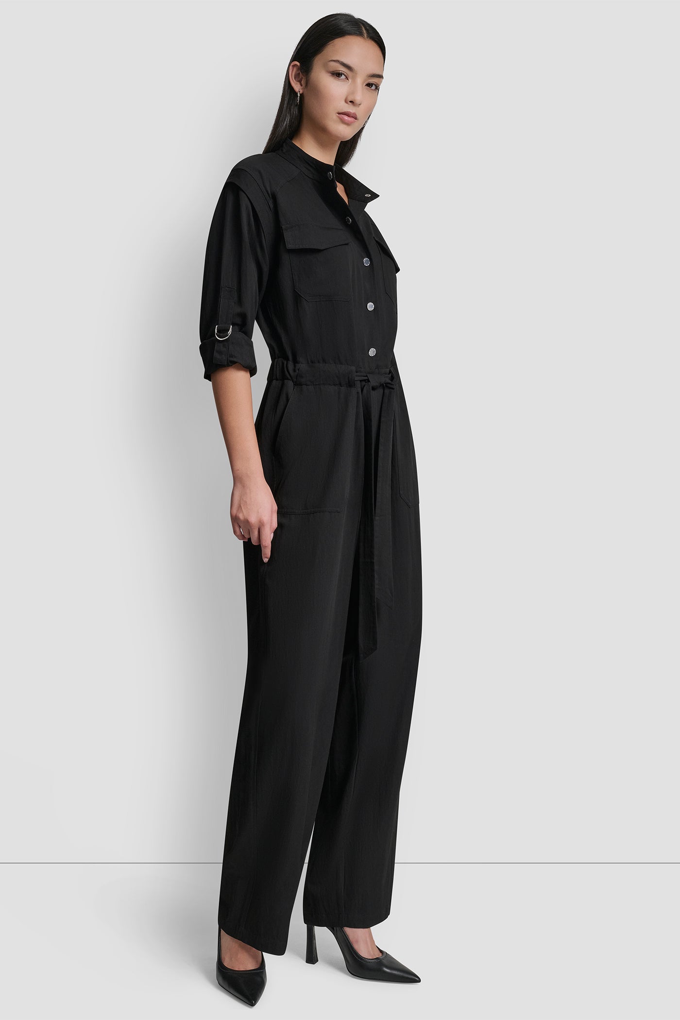 COLLARLESS BUTTON-FRONT JUMPSUIT VIEW 3 | Clothing